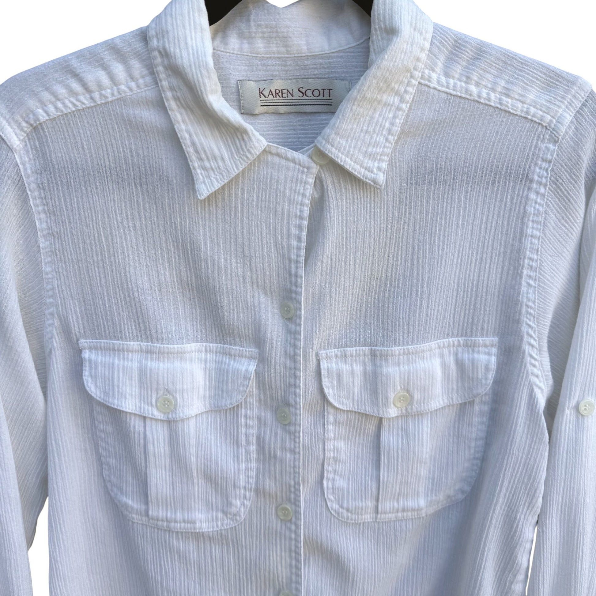 Karen Scott Vintage 80s Womens Button-Up White Woven Long Roll Tab Sleeve Top S
