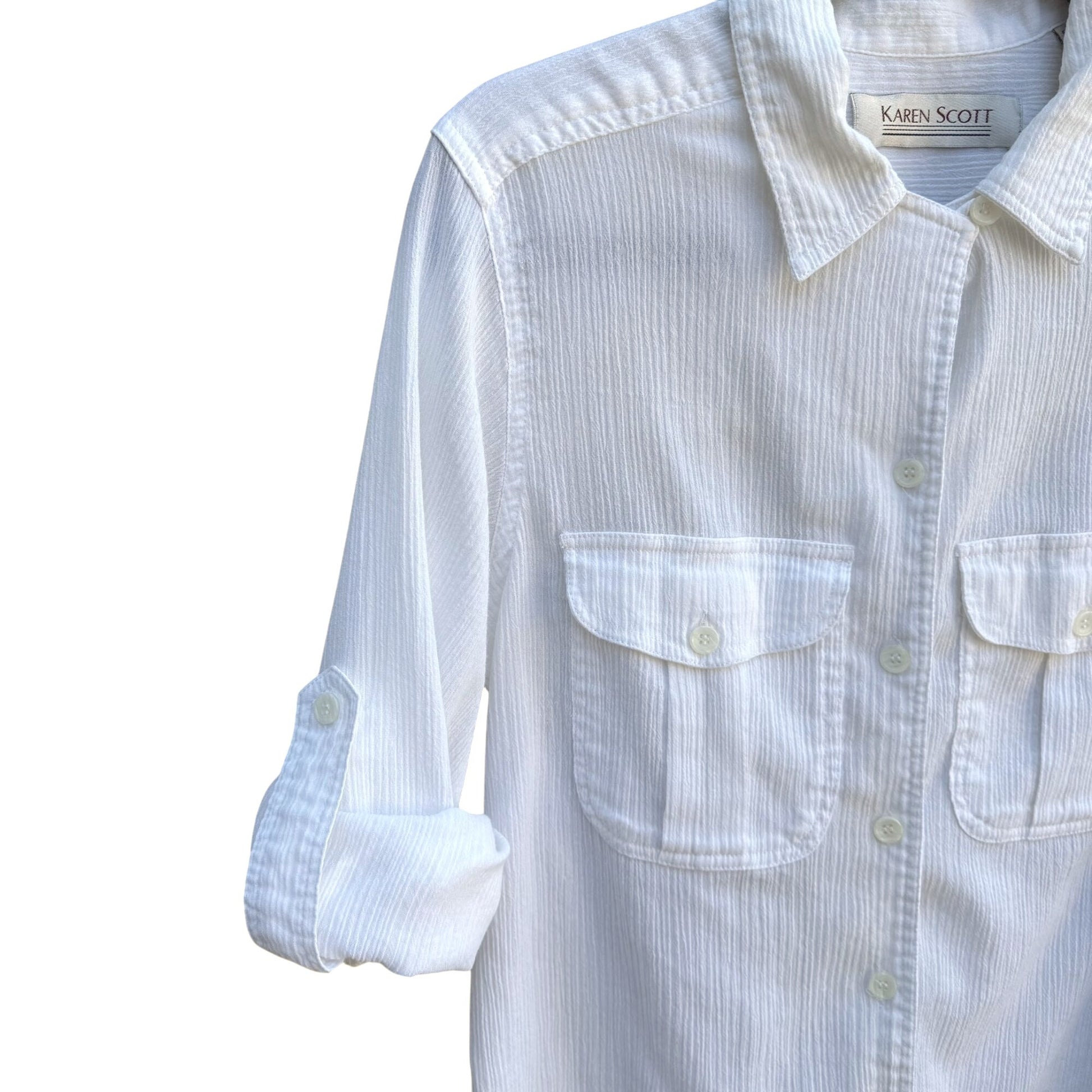 Karen Scott Vintage 80s Womens Button-Up White Woven Long Roll Tab Sleeve Top S