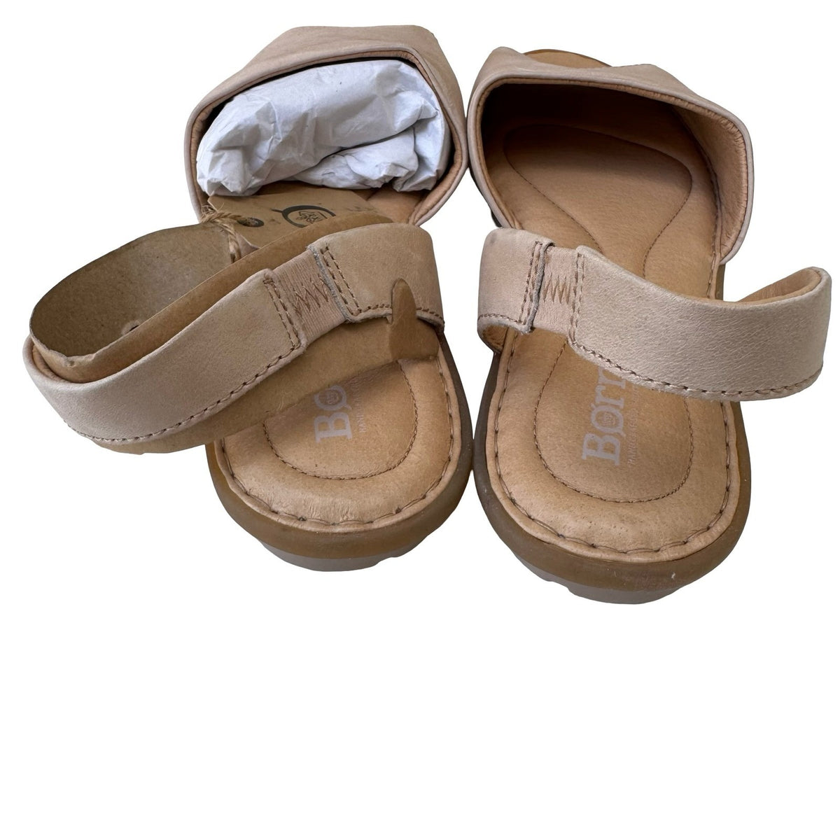 Born F18802 Handcrafted Leather Slingback Peep Toe Flat Sandals Tan 11M NEW