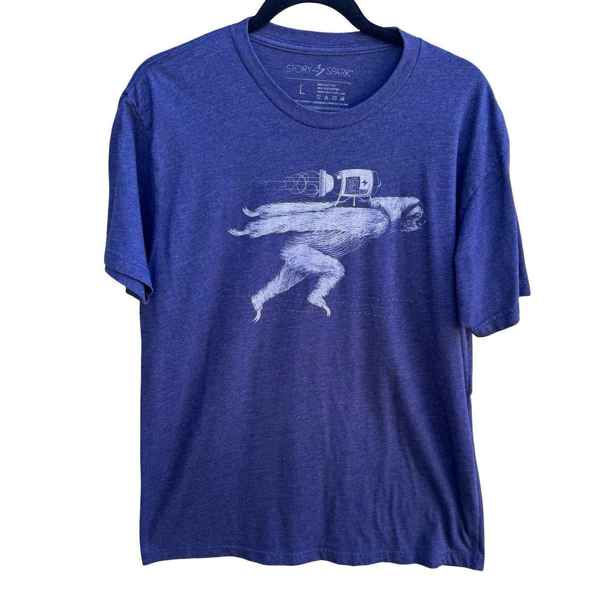 Story Spark Boooost Rocket Sloth Techwear Nerd Culture Indie Graphic Shirt L