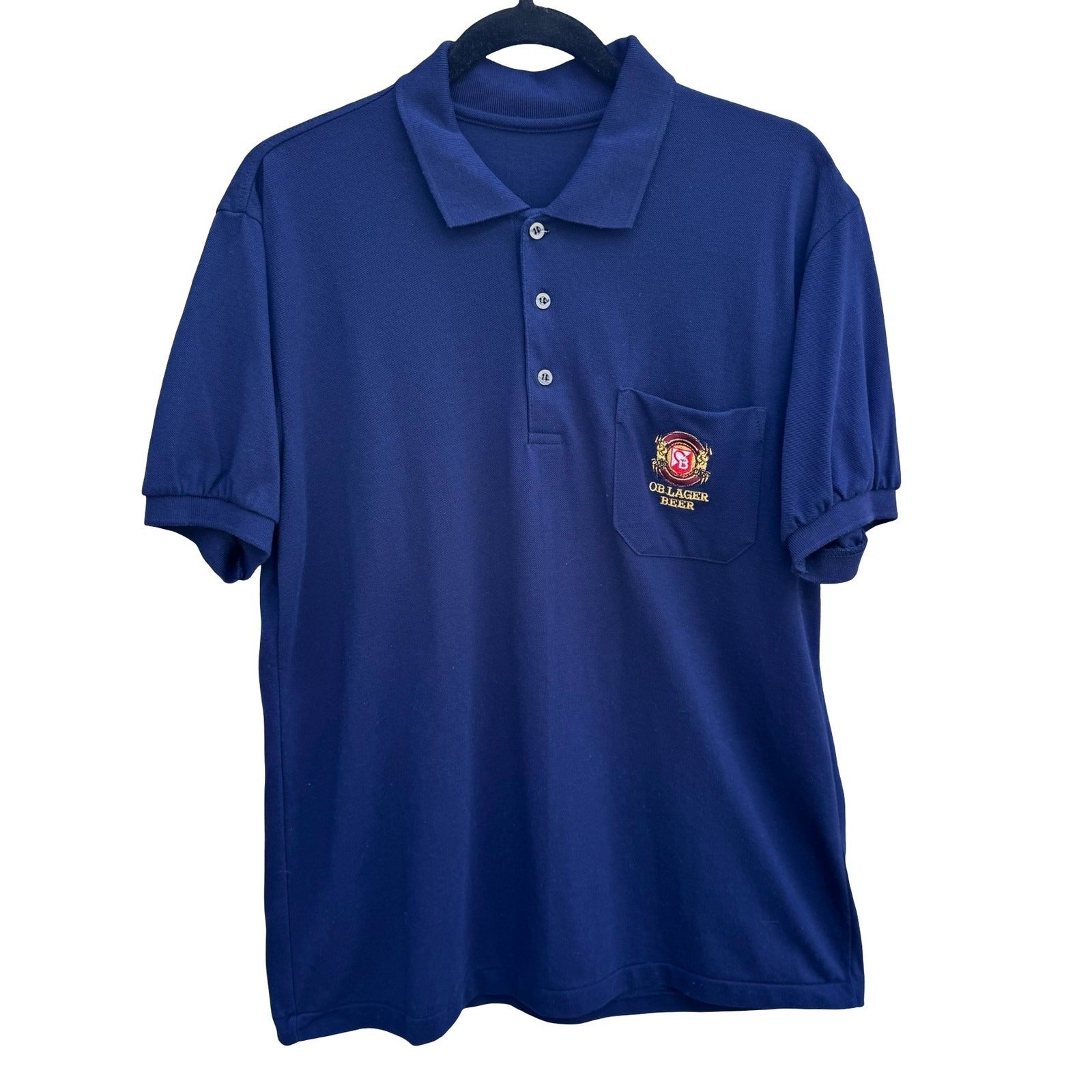 OB Lager Oriental Brewery Beer Vintage Navy Pique Polo Shirt Embroidered Logo