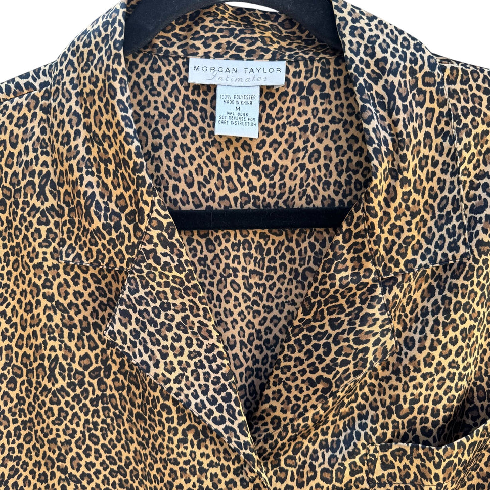 Morgan Taylor Womens M Leopard Print Button-Down Nightshirt Sleepwear Loungewear