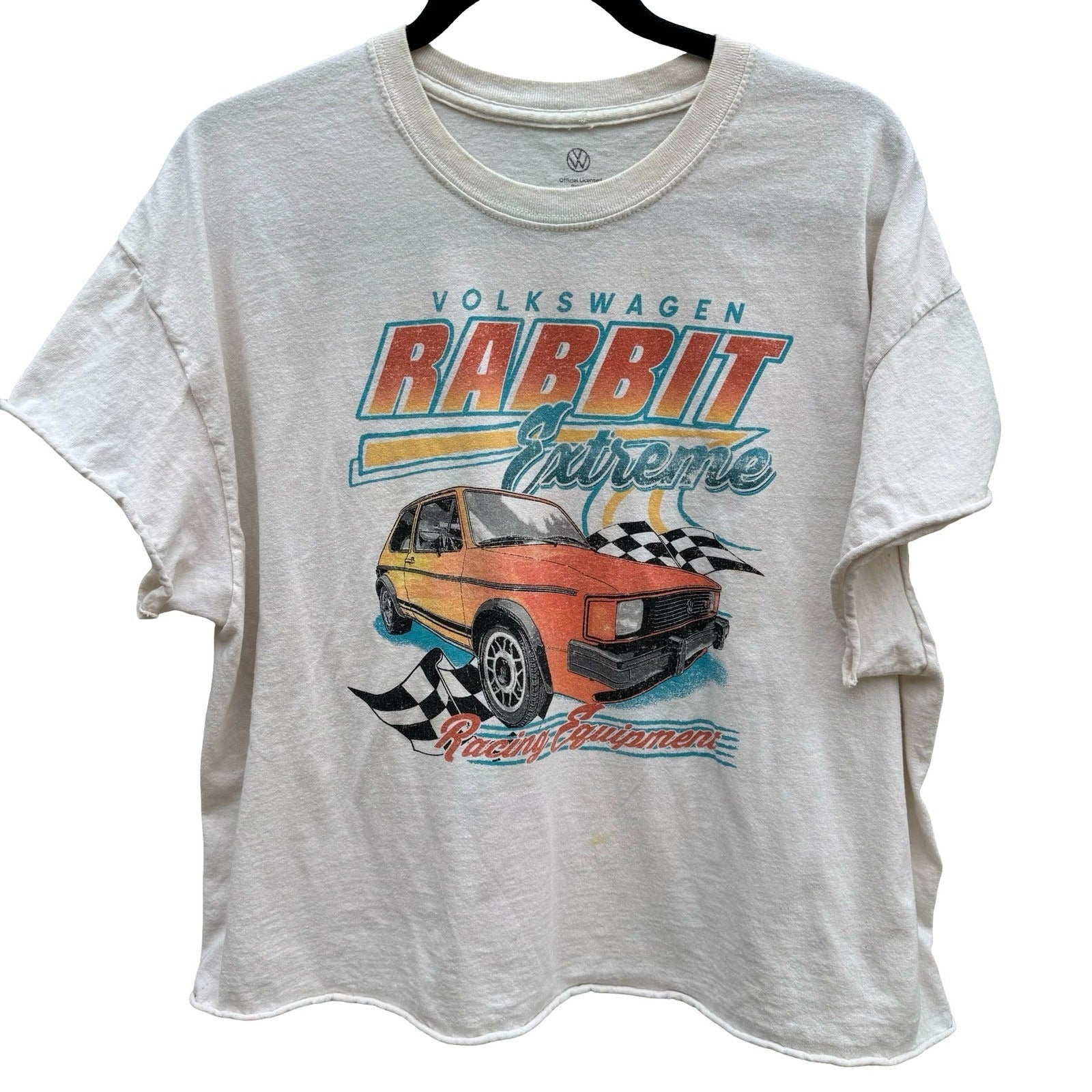 Volkswagen Rabbit Extreme Racing Graphic Tee XL Cream Cropped Boxy VW Car Shirt