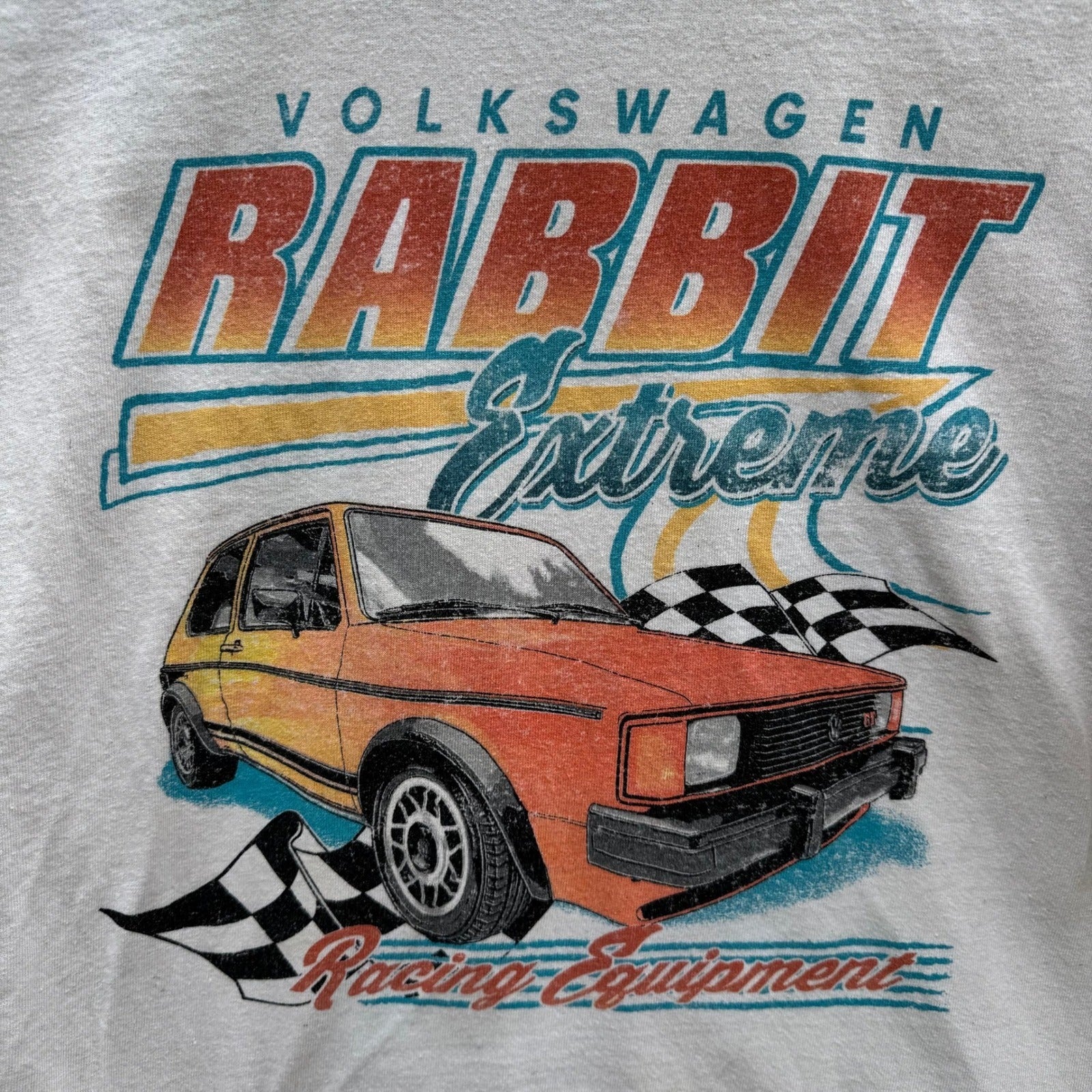 Volkswagen Rabbit Extreme Racing Graphic Tee XL Cream Cropped Boxy VW Car Shirt