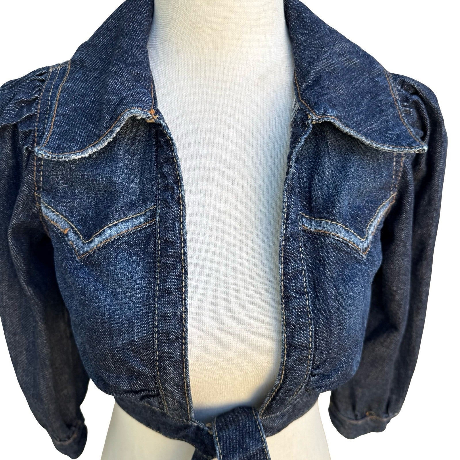 Western Cropped Denim Bolero Shrug Cowgirl Jacket Puff Sleeve Pinup Rockabilly S