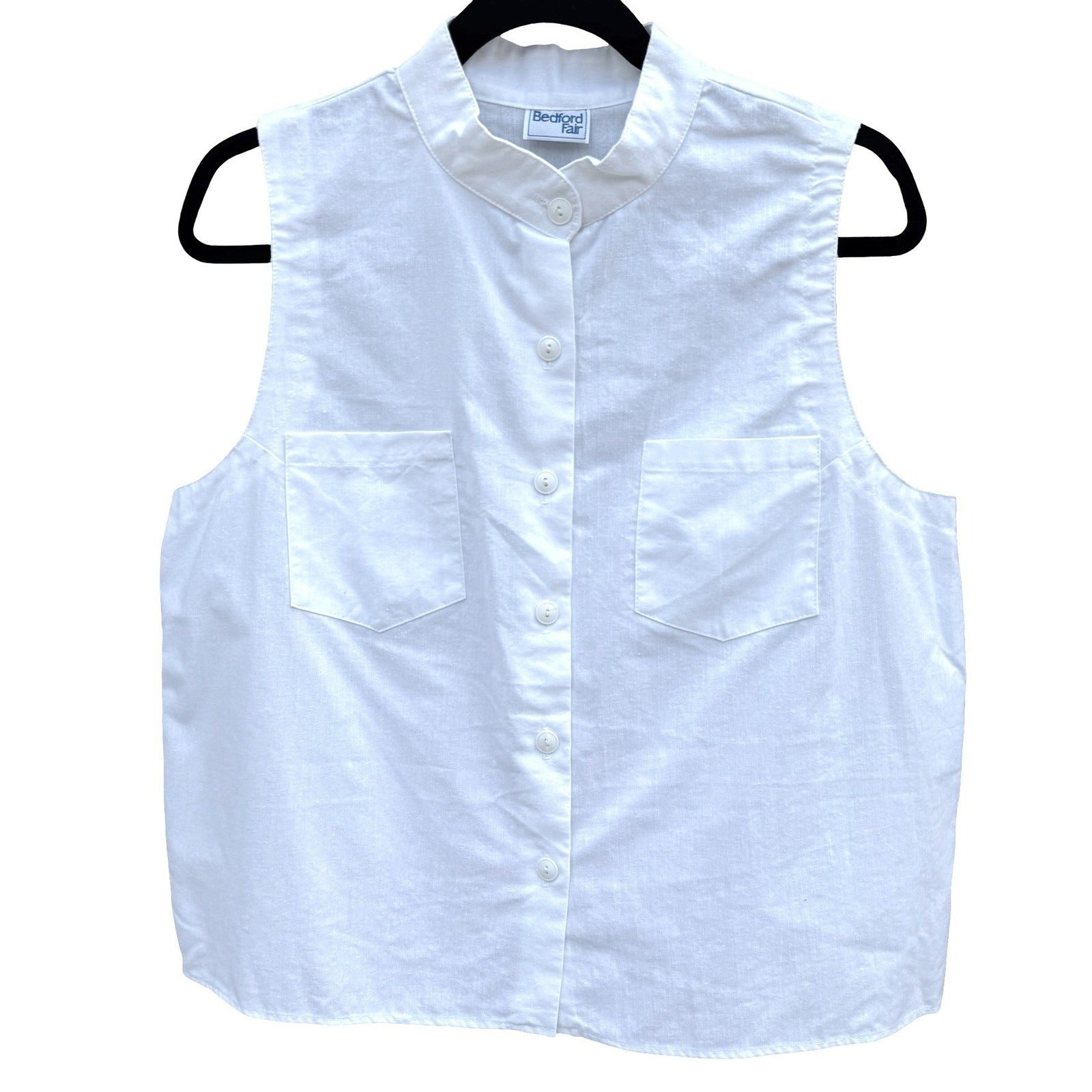 Bedford Fair Vintage 80s Womens L White Sleeveless Shirt Mandarin Collar Coastal