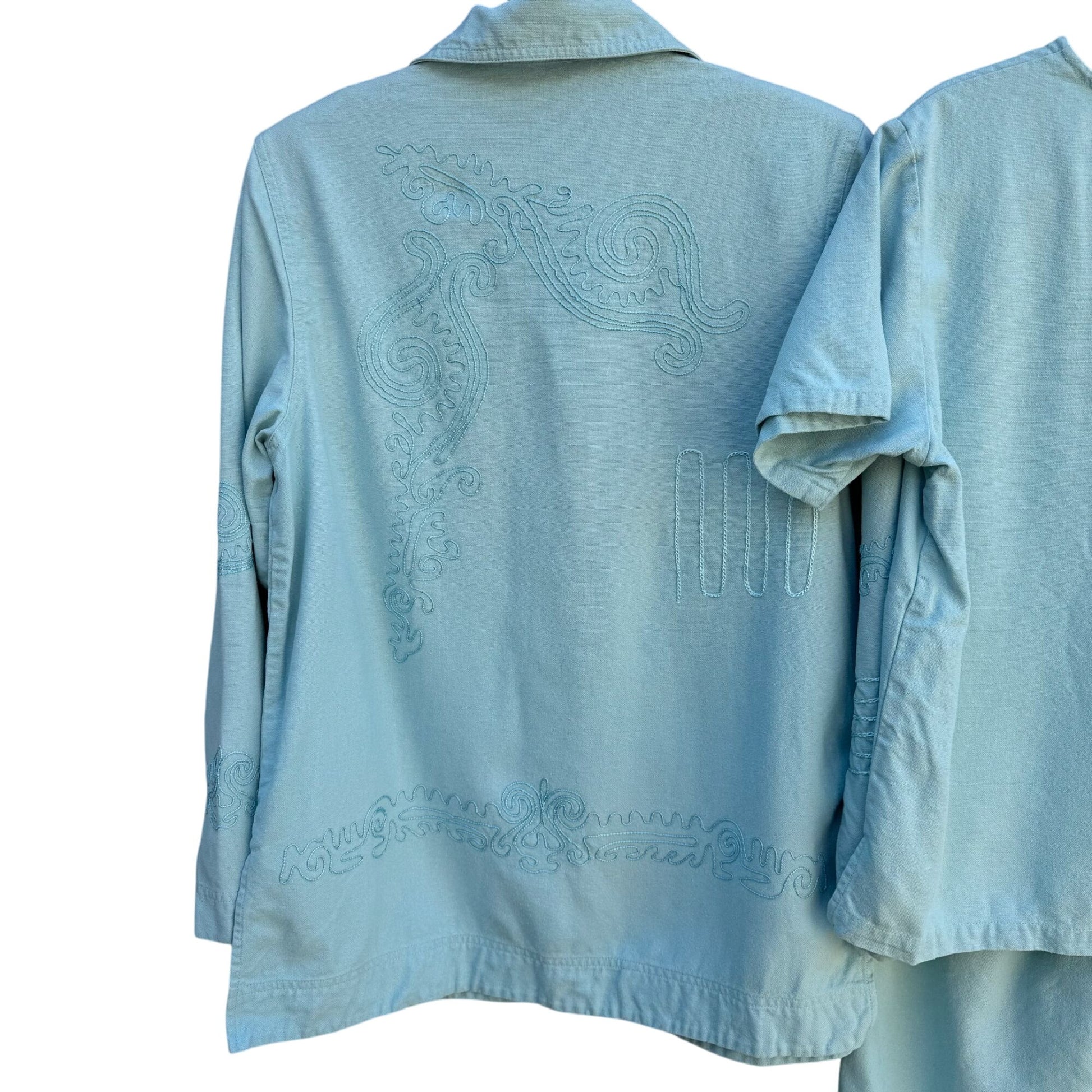 Great Cavalier Vintage Blue Embroidered Jacket Shirt Pant Set Size S 100% Silk