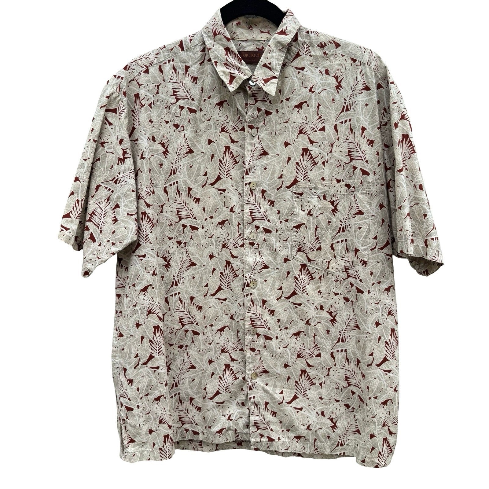 Tori Richard Honolulu Mens M Tan Tropical Leaf Cotton Lawn Hawaiian Shirt Aloha