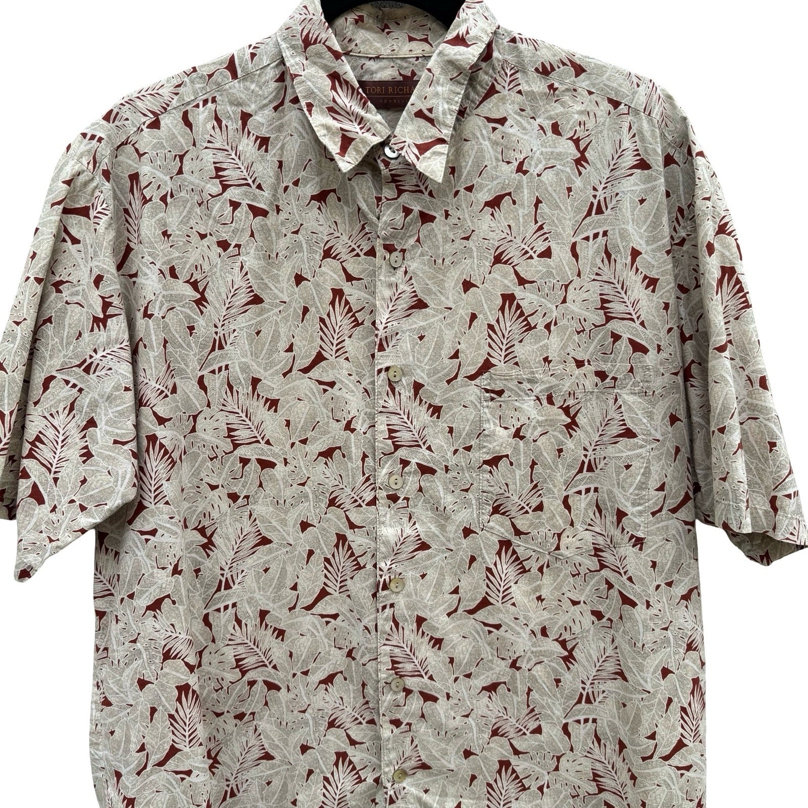 Tori Richard Honolulu Mens M Tan Tropical Leaf Cotton Lawn Hawaiian Shirt Aloha