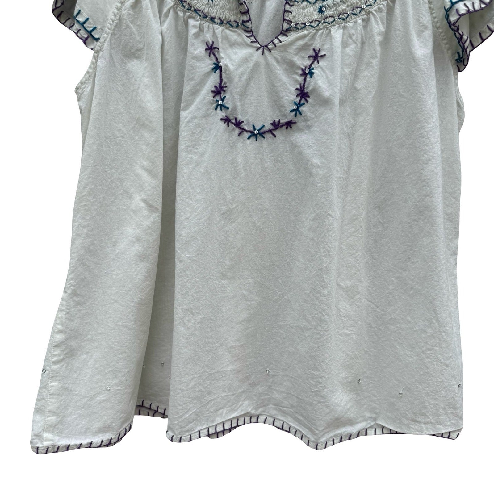 Mix Nouveau White Smocked Embroidered Cotton Peasant Blouse Womens 22 Boho Top