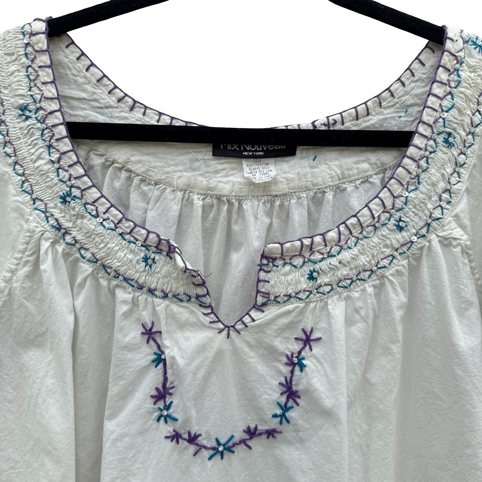 Mix Nouveau White Smocked Embroidered Cotton Peasant Blouse Womens 22 Boho Top