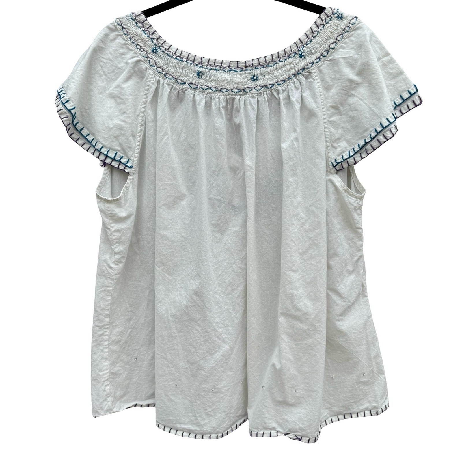 Mix Nouveau White Smocked Embroidered Cotton Peasant Blouse Womens 22 Boho Top