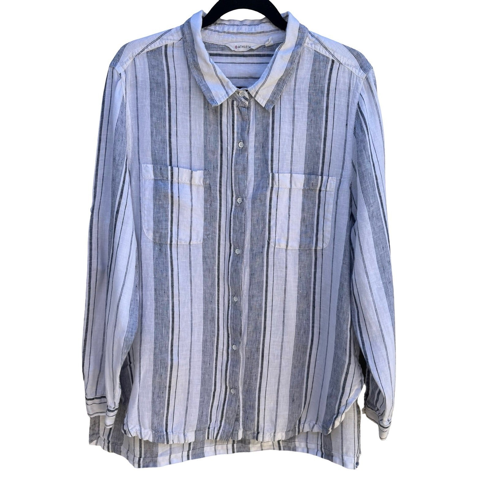 Athleta 100% Linen Coastal Minimalist Nautical Sustainable Blue Striped Shirt XL