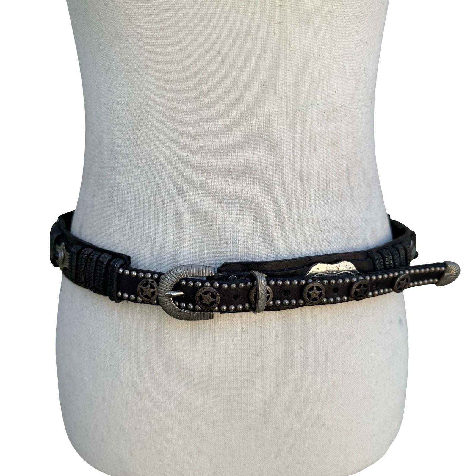 Lily Farouche Munich Vintage Black Leather Western Stud Star Belt West Germany