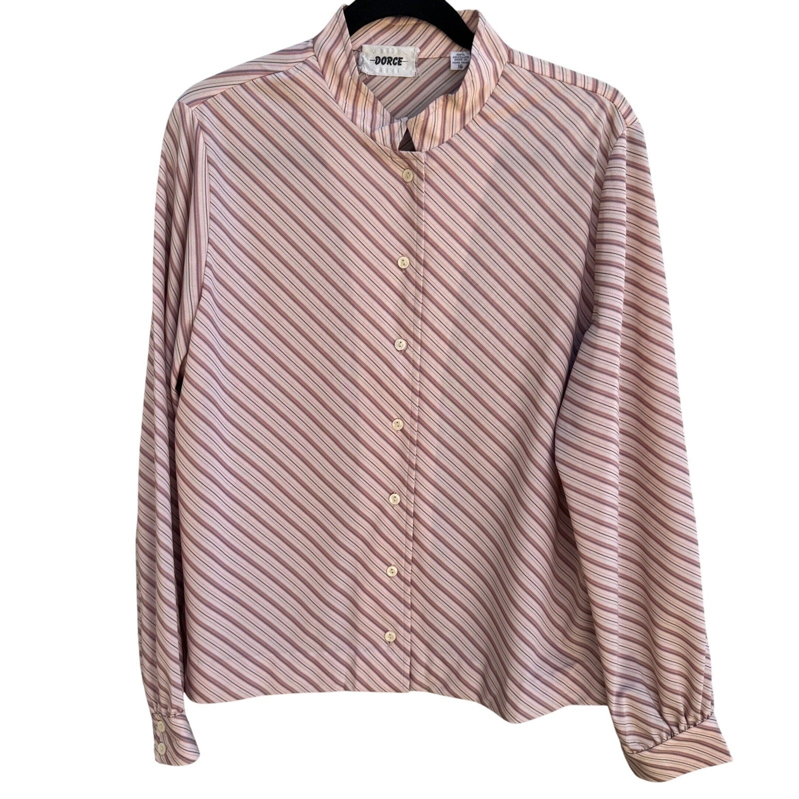 Dorce Vintage 70s Pink Striped Mandarin Collar Blouse 16 Mod Retro Secretary