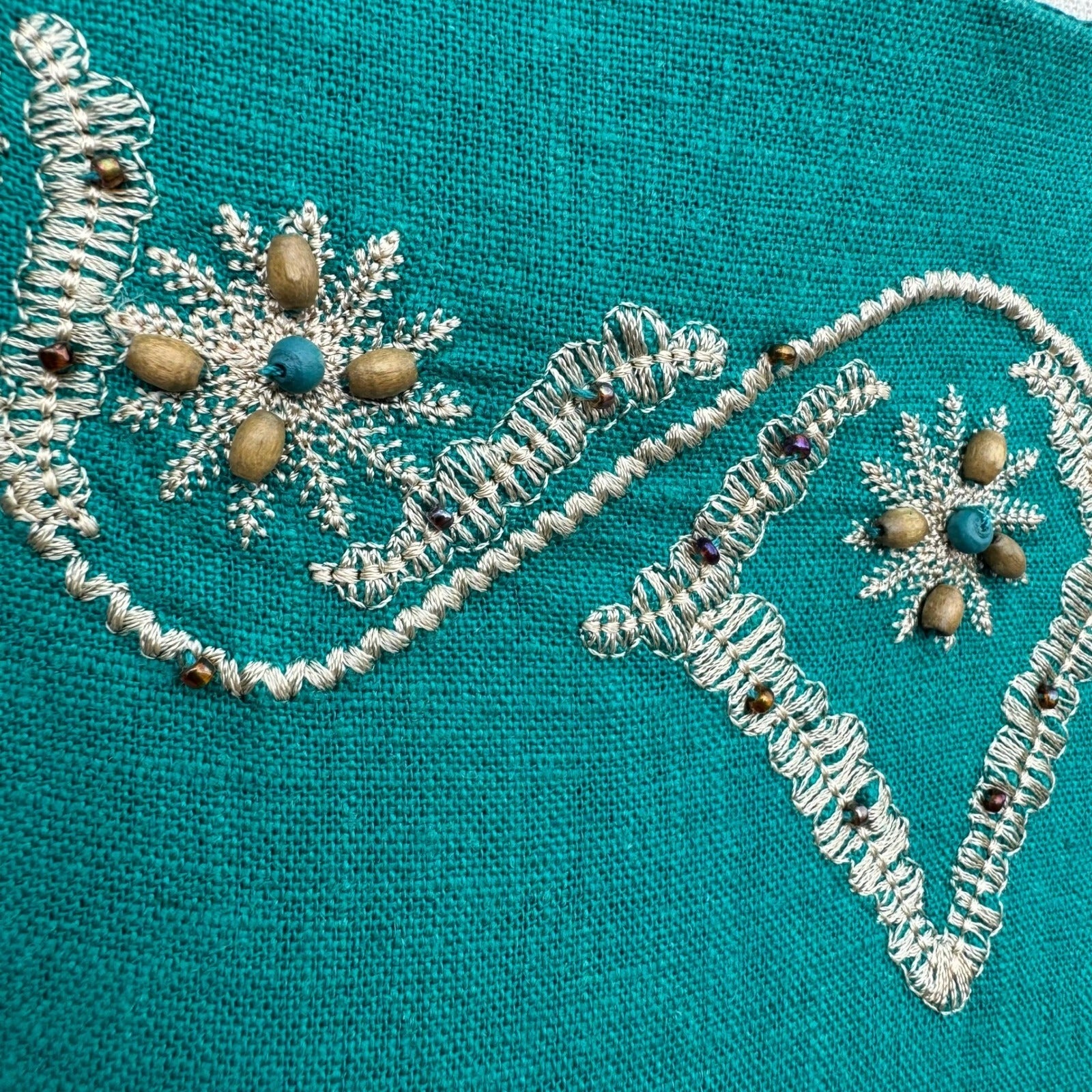 Sag Harbor Dress Teal Linen Blend Embroidered Beaded Maxi Sheath Size 8 Coastal