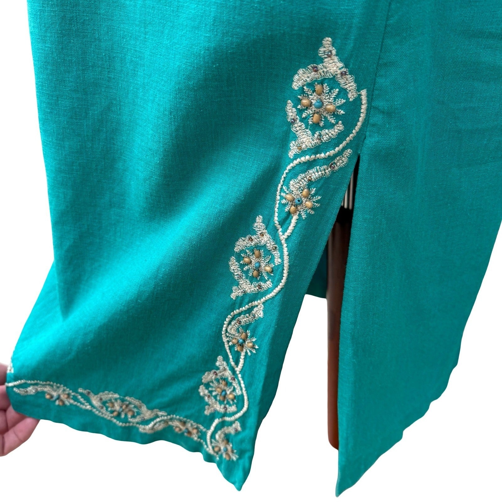 Sag Harbor Dress Teal Linen Blend Embroidered Beaded Maxi Sheath Size 8 Coastal