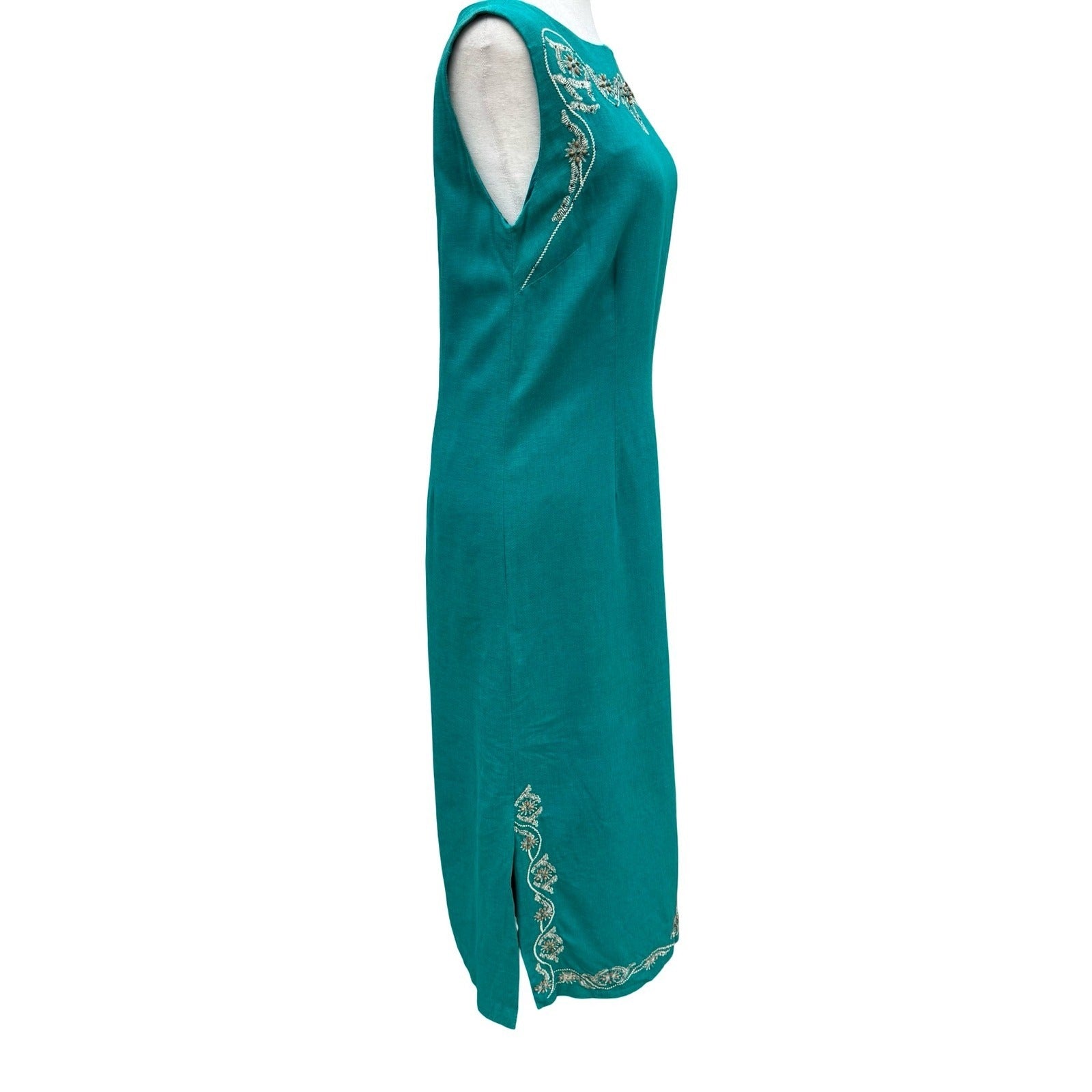 Sag Harbor Dress Teal Linen Blend Embroidered Beaded Maxi Sheath Size 8 Coastal