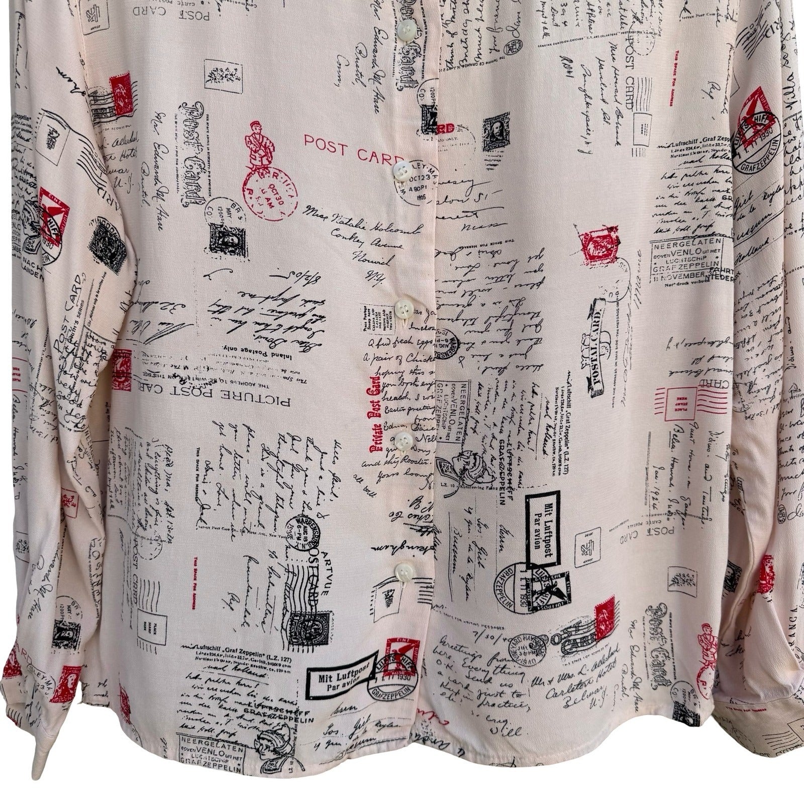 Evan-Picone Petites Vintage Postcard Script Print Rayon Blouse Cream Womens 6