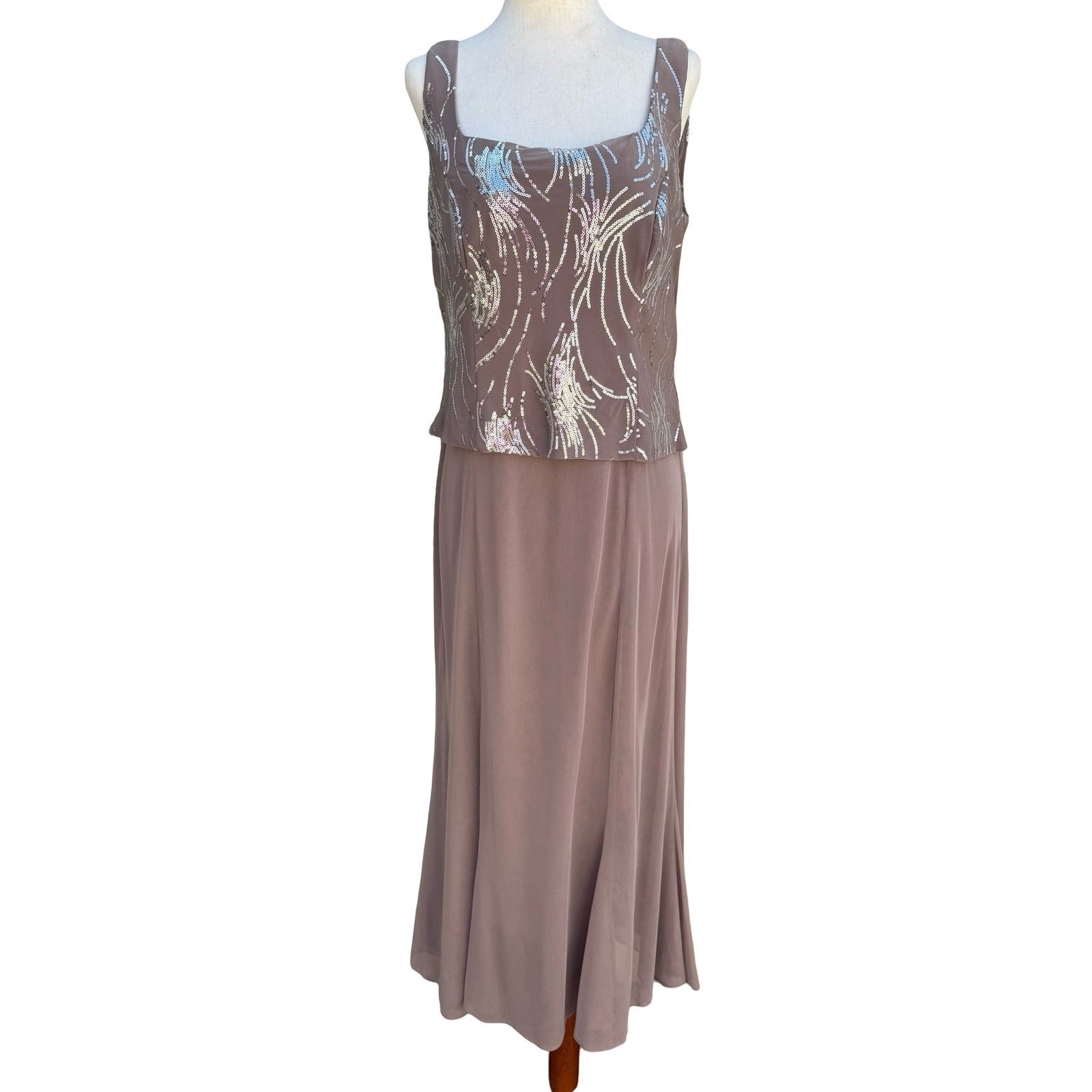 Alex Evenings Womens 6P 2PC Formal Set Taupe Silver Sequin Maxi Dress Jacket