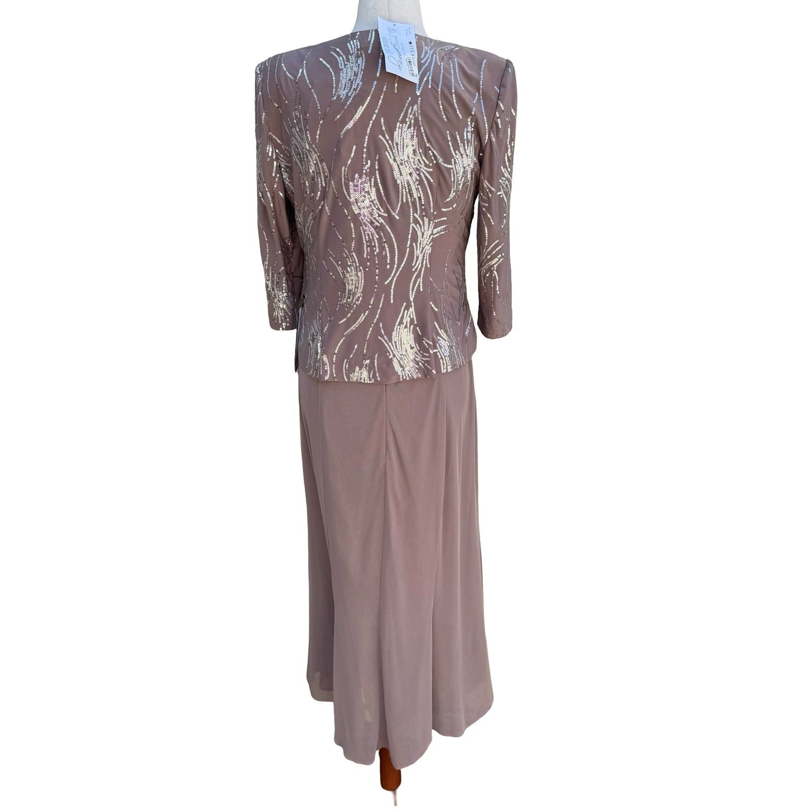 Alex Evenings Womens 6P 2PC Formal Set Taupe Silver Sequin Maxi Dress Jacket