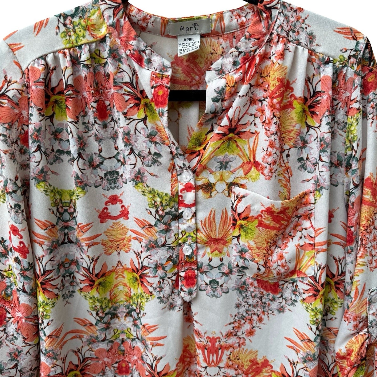 April Boho Garden Party Floral Split Neck Roll Tab Sleeve Tunic Blouse Orange XL