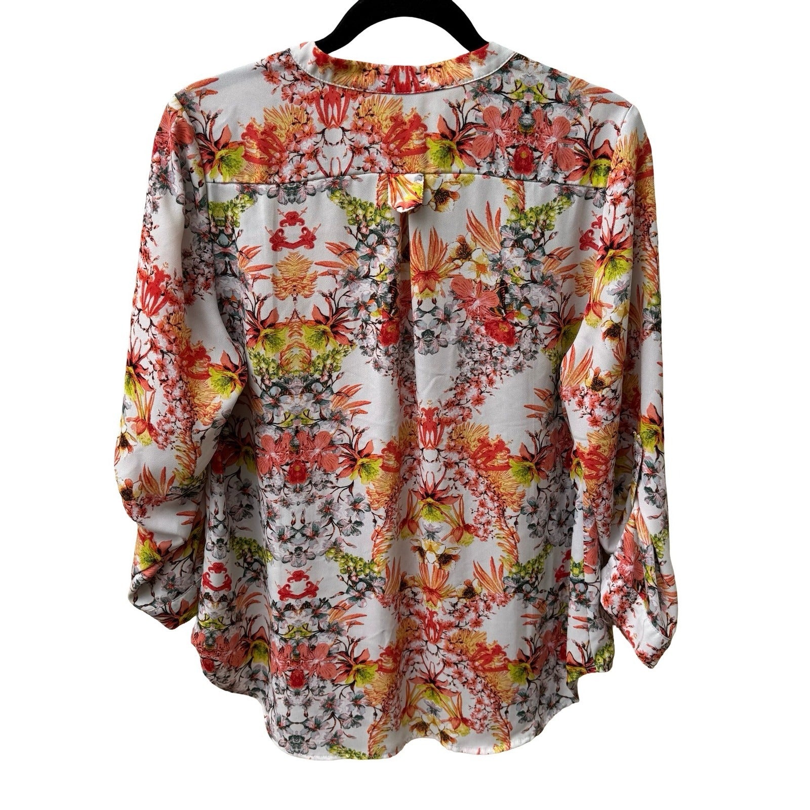 April Boho Garden Party Floral Split Neck Roll Tab Sleeve Tunic Blouse Orange XL