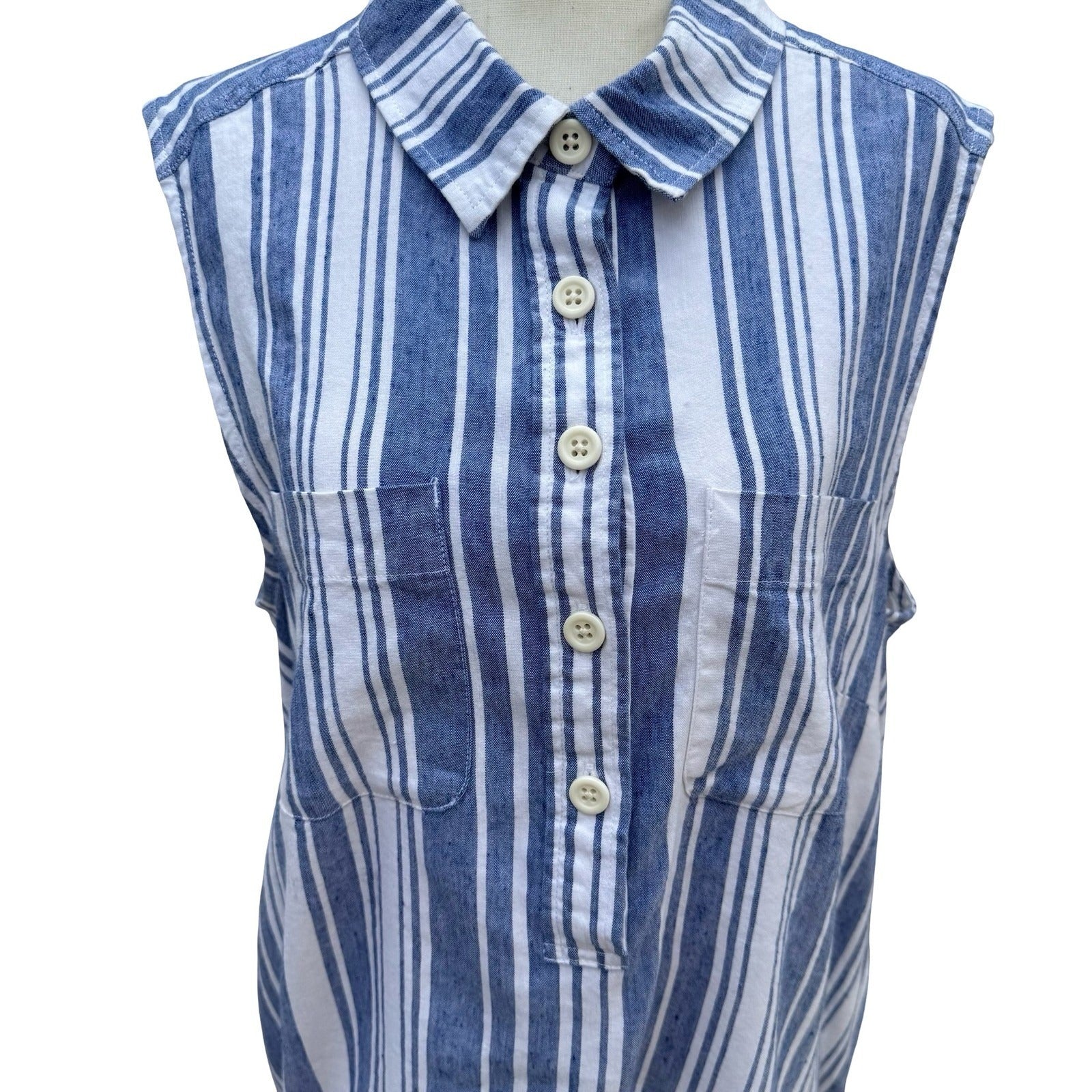 Lands' End Womens 16 Blue Striped Linen Blend Sleeveless Shirt Dress Coastal