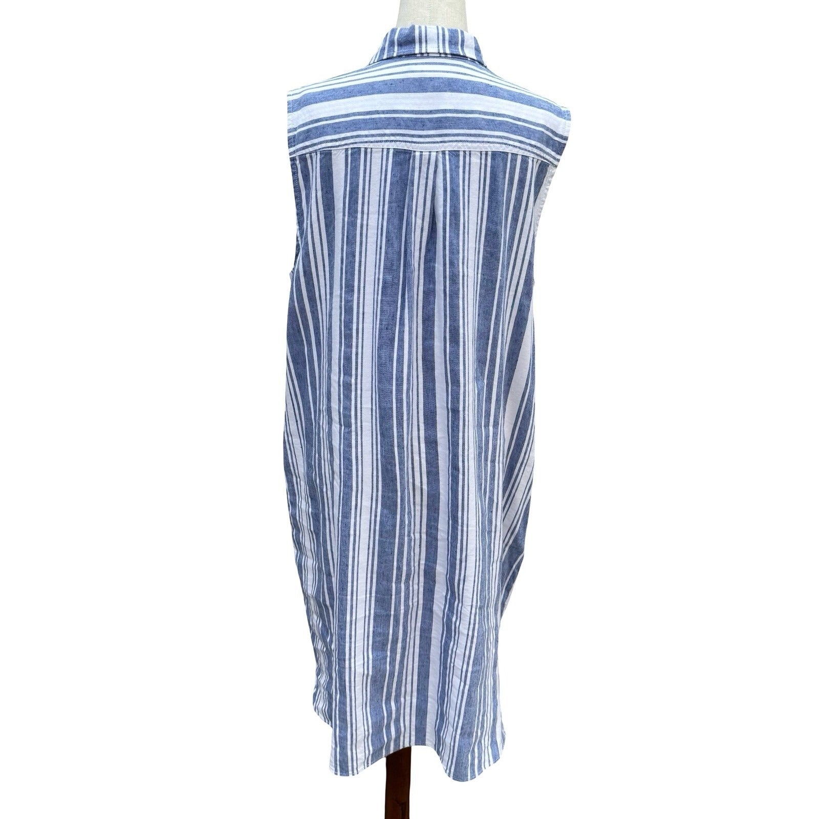 Lands' End Womens 16 Blue Striped Linen Blend Sleeveless Shirt Dress Coastal