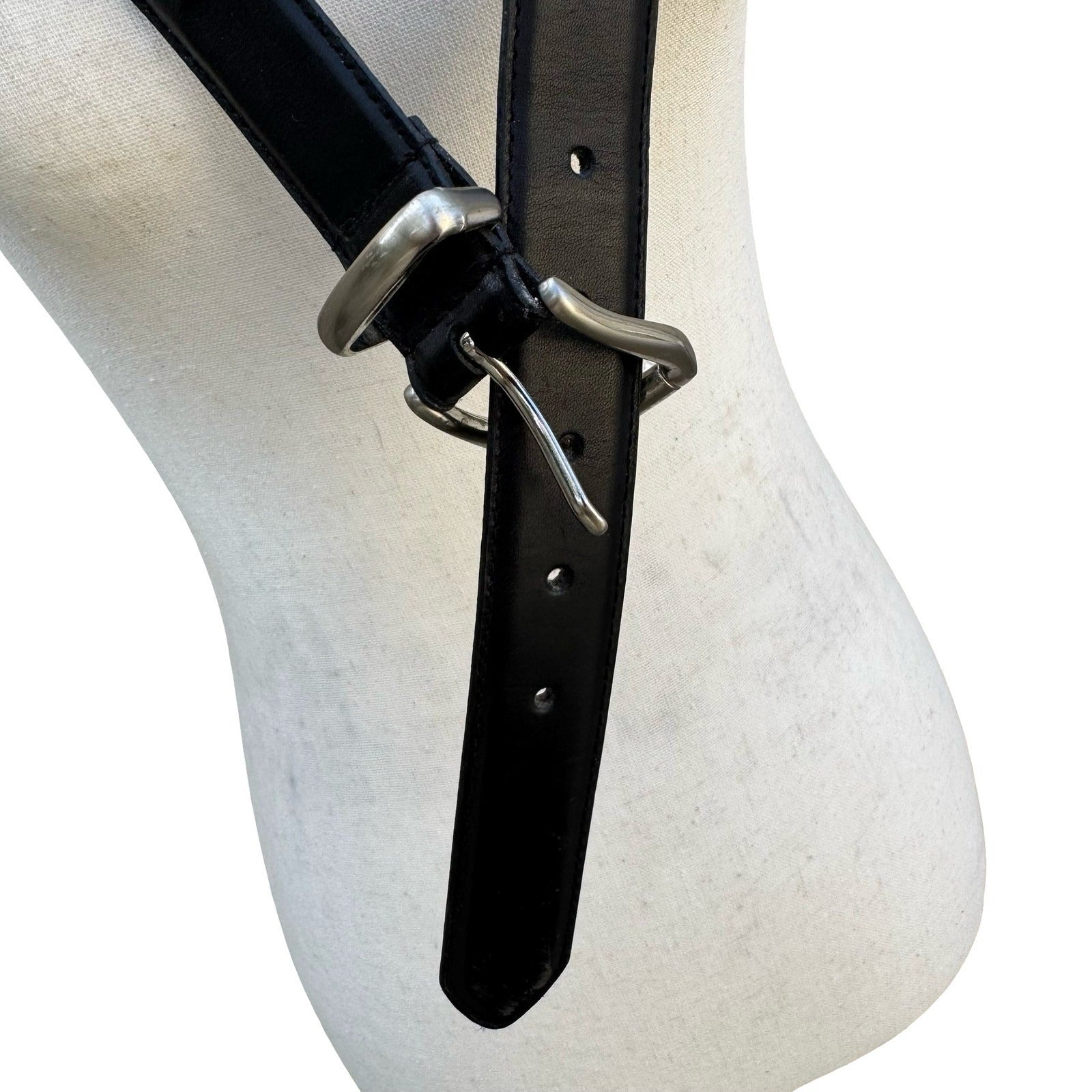 Black Full Grain Leather Twisted Detail Belt Silver Buckle Size 36 90 7205-01