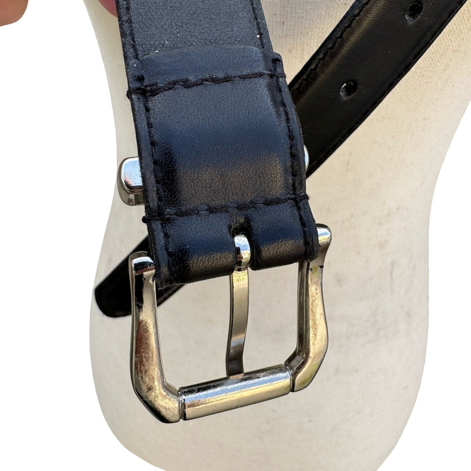 Black Full Grain Leather Twisted Detail Belt Silver Buckle Size 36 90 7205-01