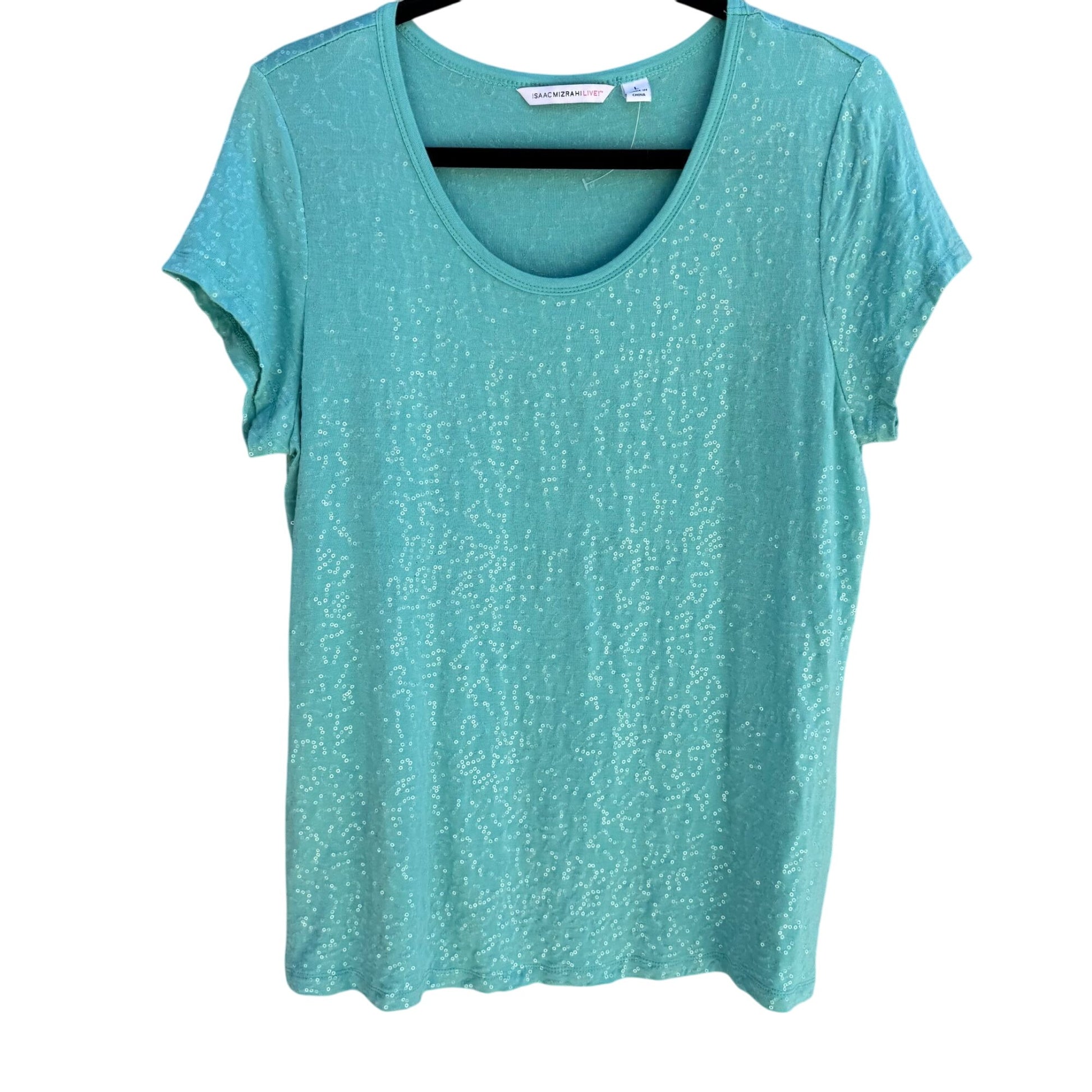 Isaac Mizrahi Live Womens Sequin Embellished Aqua Short Sleeve Scoop Neck Shirt L