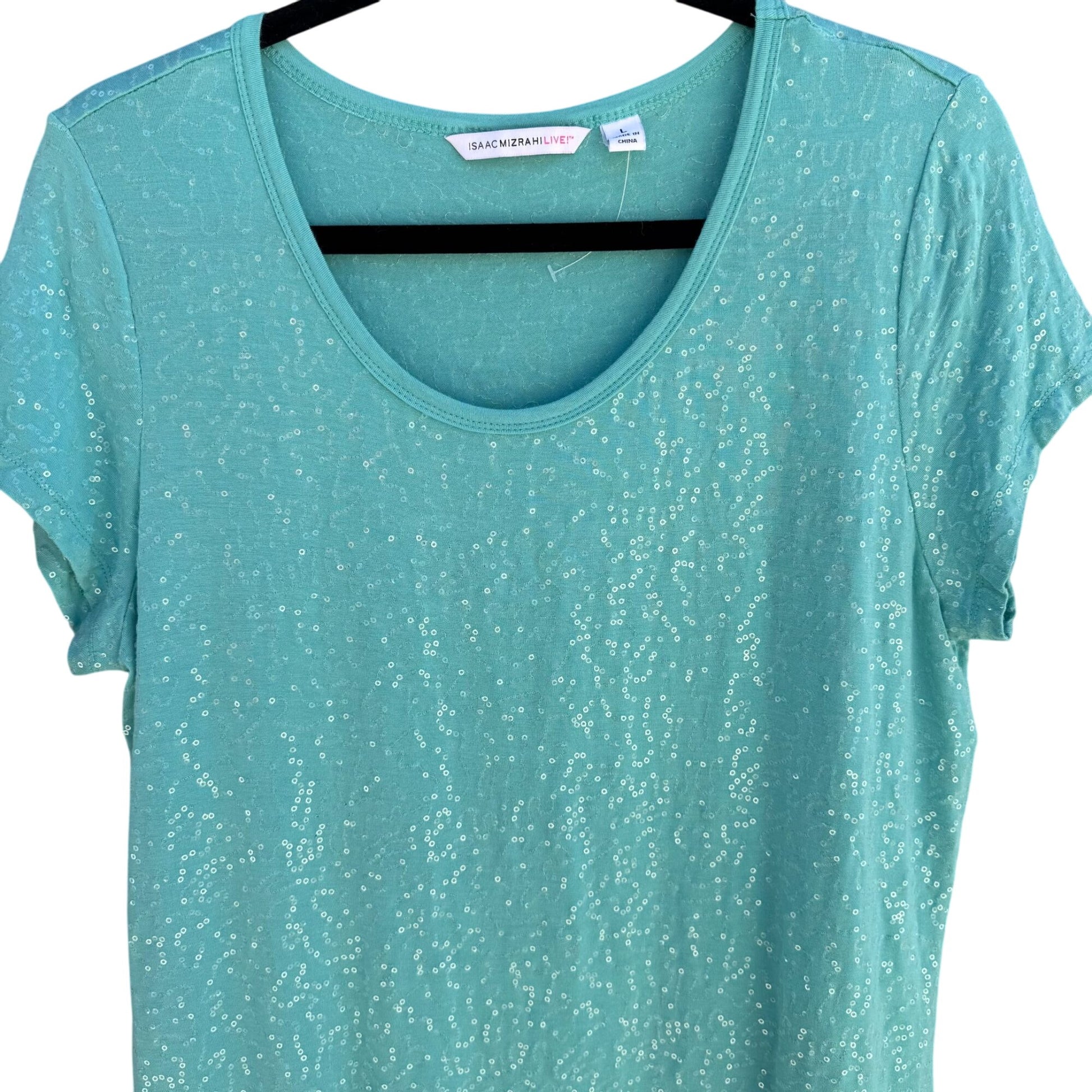 Isaac Mizrahi Live Womens Sequin Embellished Aqua Short Sleeve Scoop Neck Shirt L