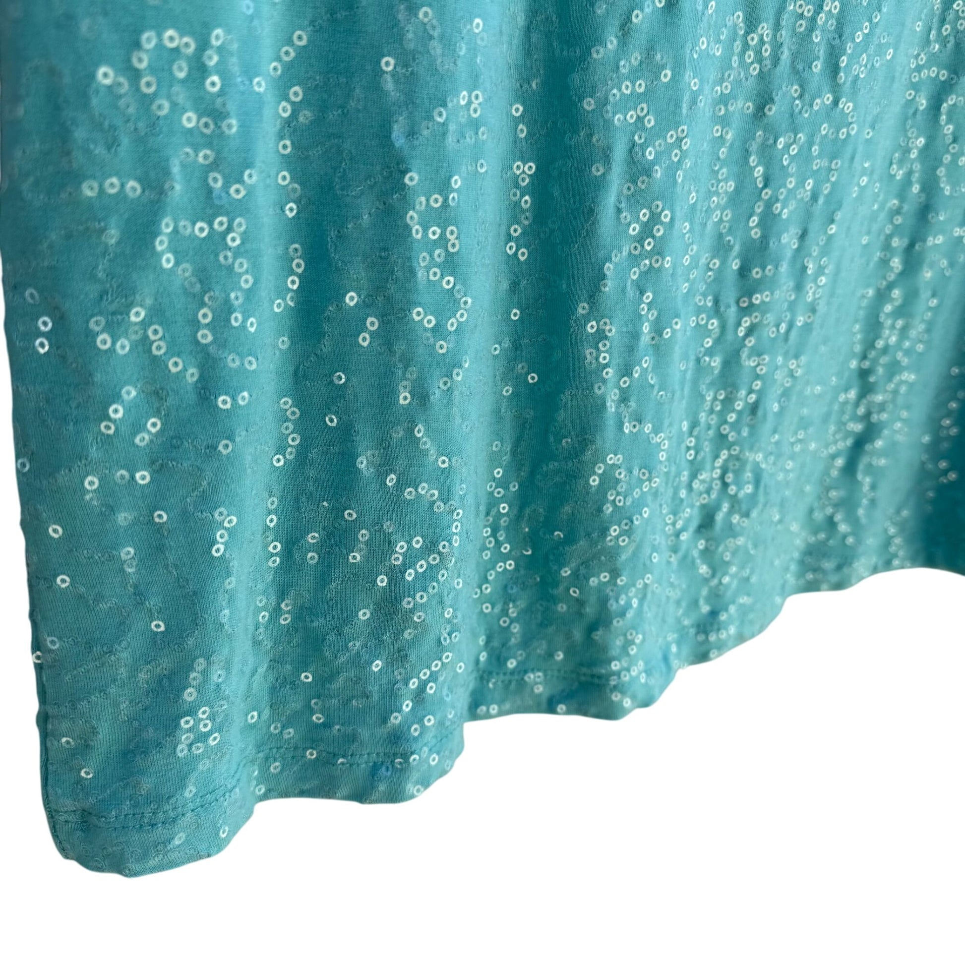 Isaac Mizrahi Live Womens Sequin Embellished Aqua Short Sleeve Scoop Neck Shirt L