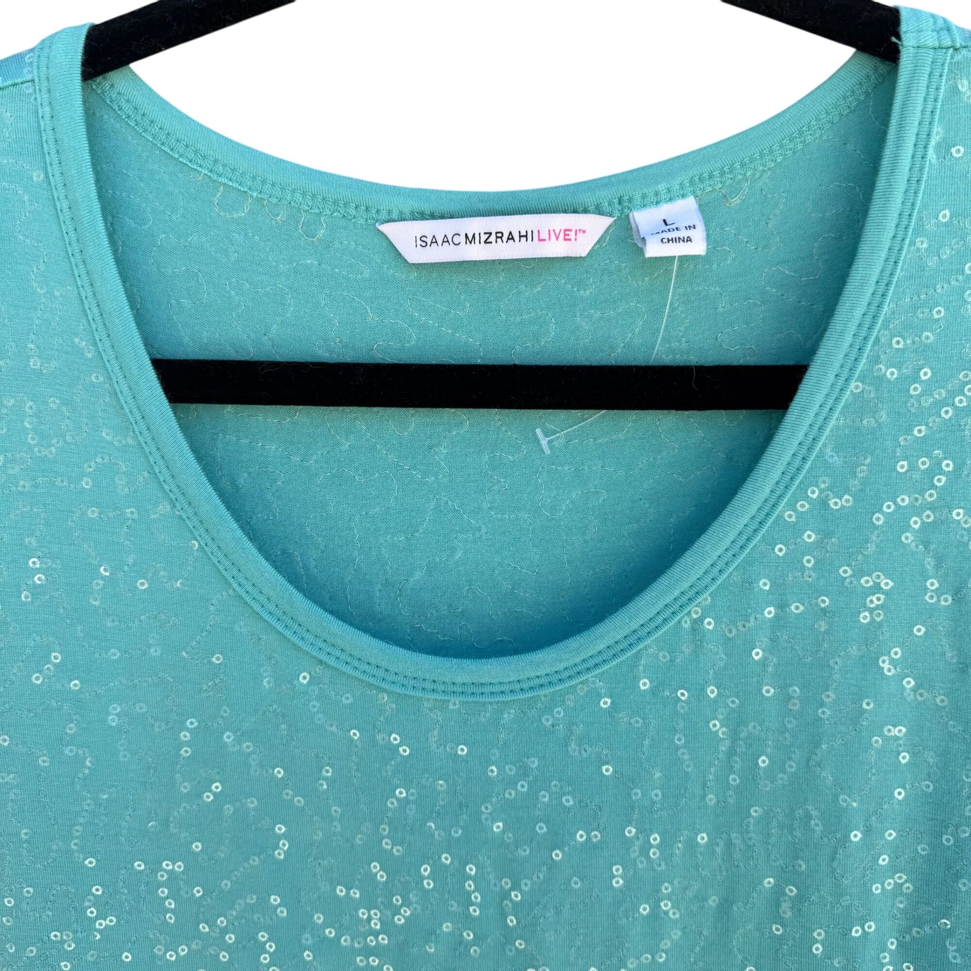 Isaac Mizrahi Live Womens Sequin Embellished Aqua Short Sleeve Scoop Neck Shirt L