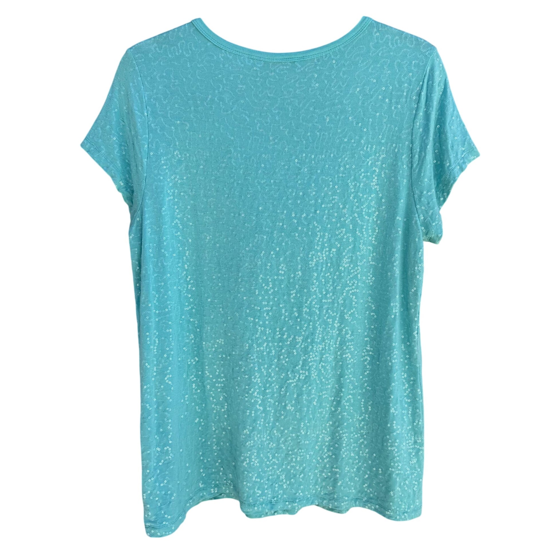 Isaac Mizrahi Live Womens Sequin Embellished Aqua Short Sleeve Scoop Neck Shirt L