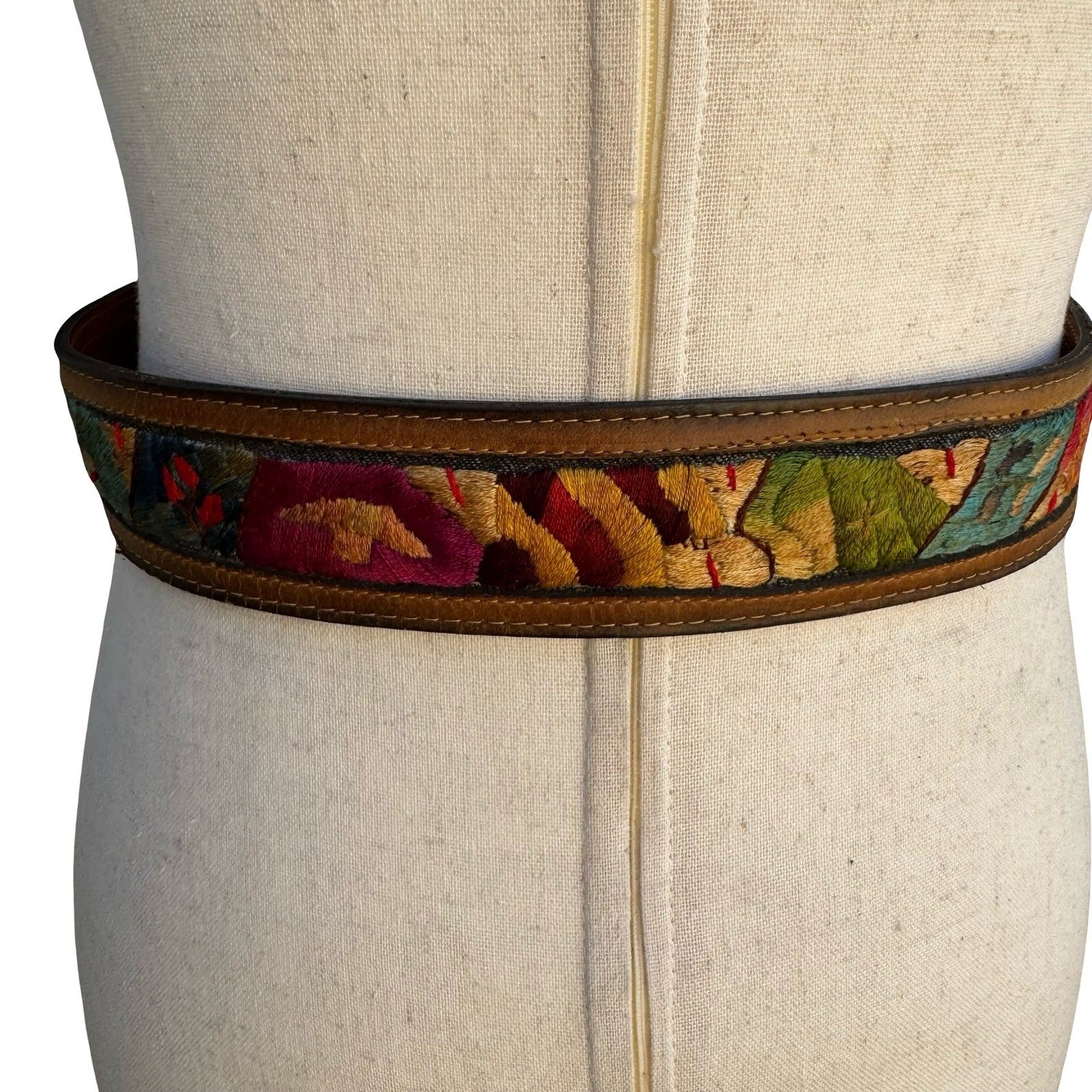 Swank Vintage Brown Leather Hand Embroidered Denim Belt Haiti Boho Western 30-32