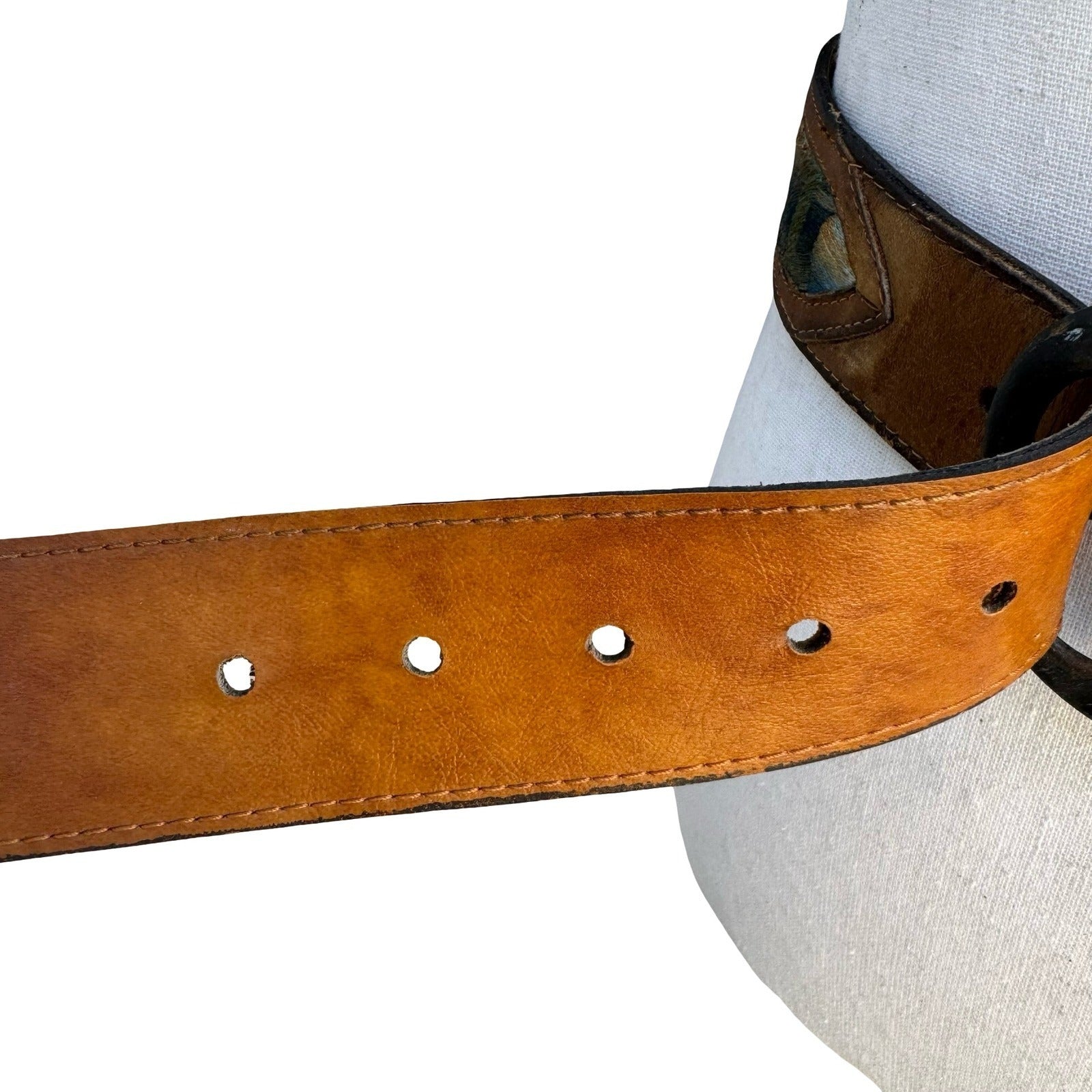 Swank Vintage Brown Leather Hand Embroidered Denim Belt Haiti Boho Western 30-32