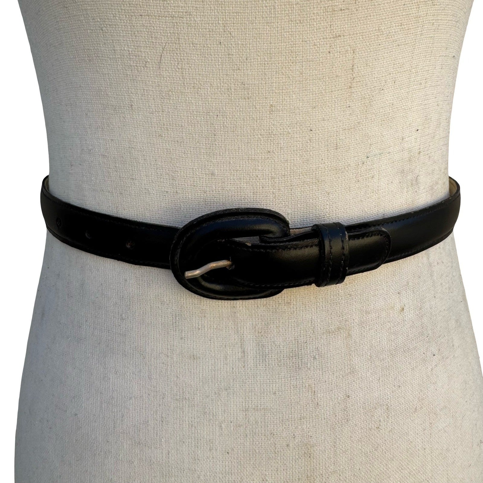 Calderon Vintage Black Leather Slim Skinny Belt Leather Covered Buckle S 9811
