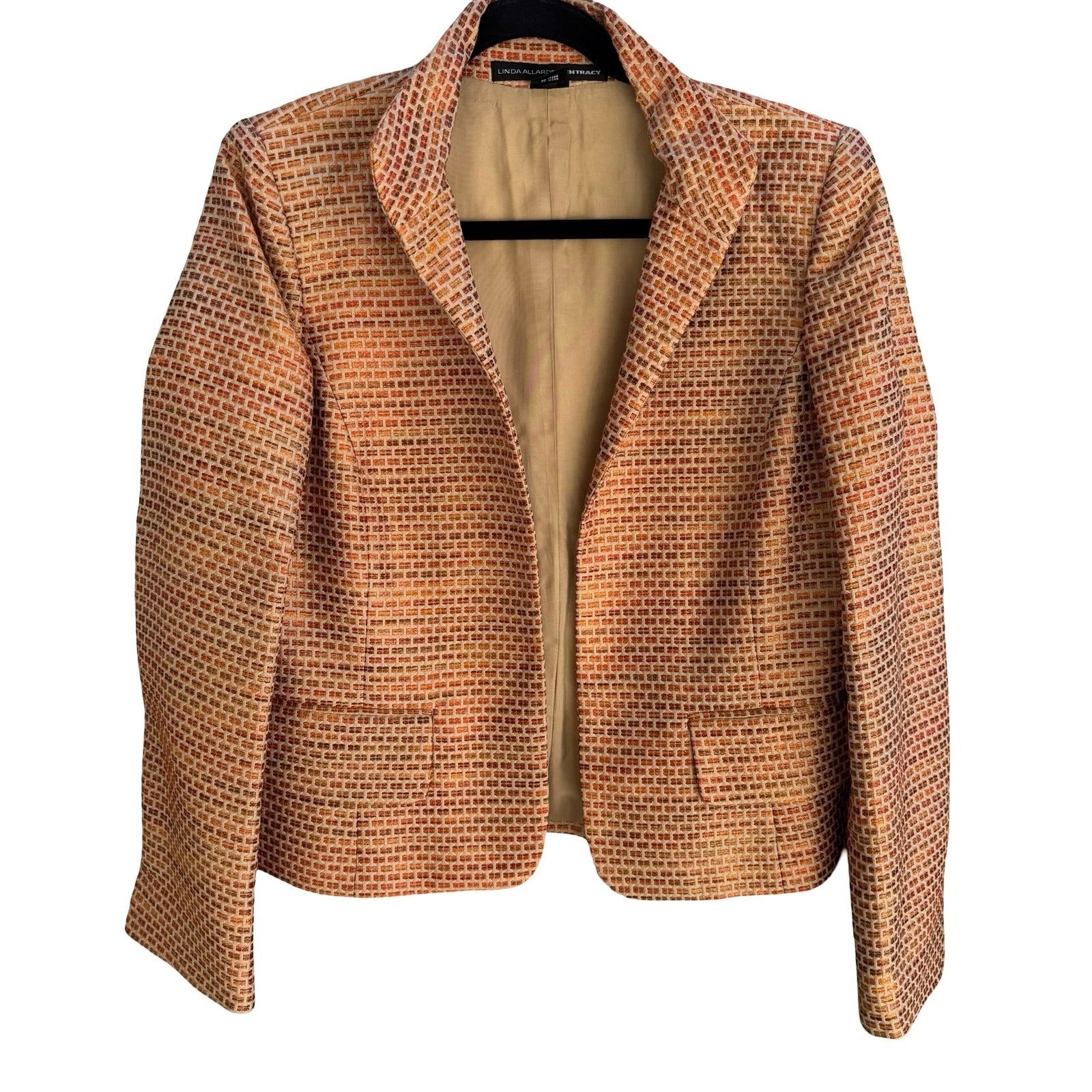 Linda Allard Ellen Tracy Woven Geometric Metallic Texture Open Front Blazer 4