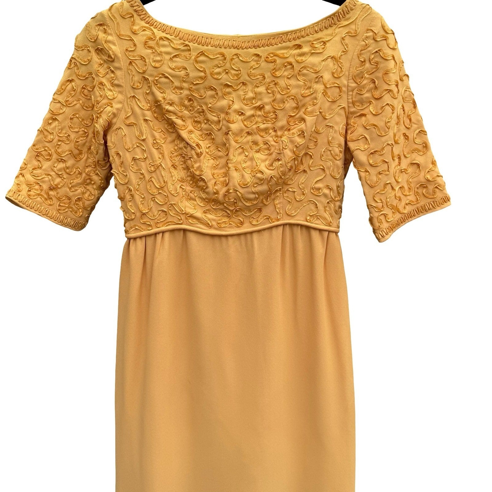 Vintage 1960s Mustard Yellow Soutache Ribbon Sheath Dress Back Bow Midi 60s Mod