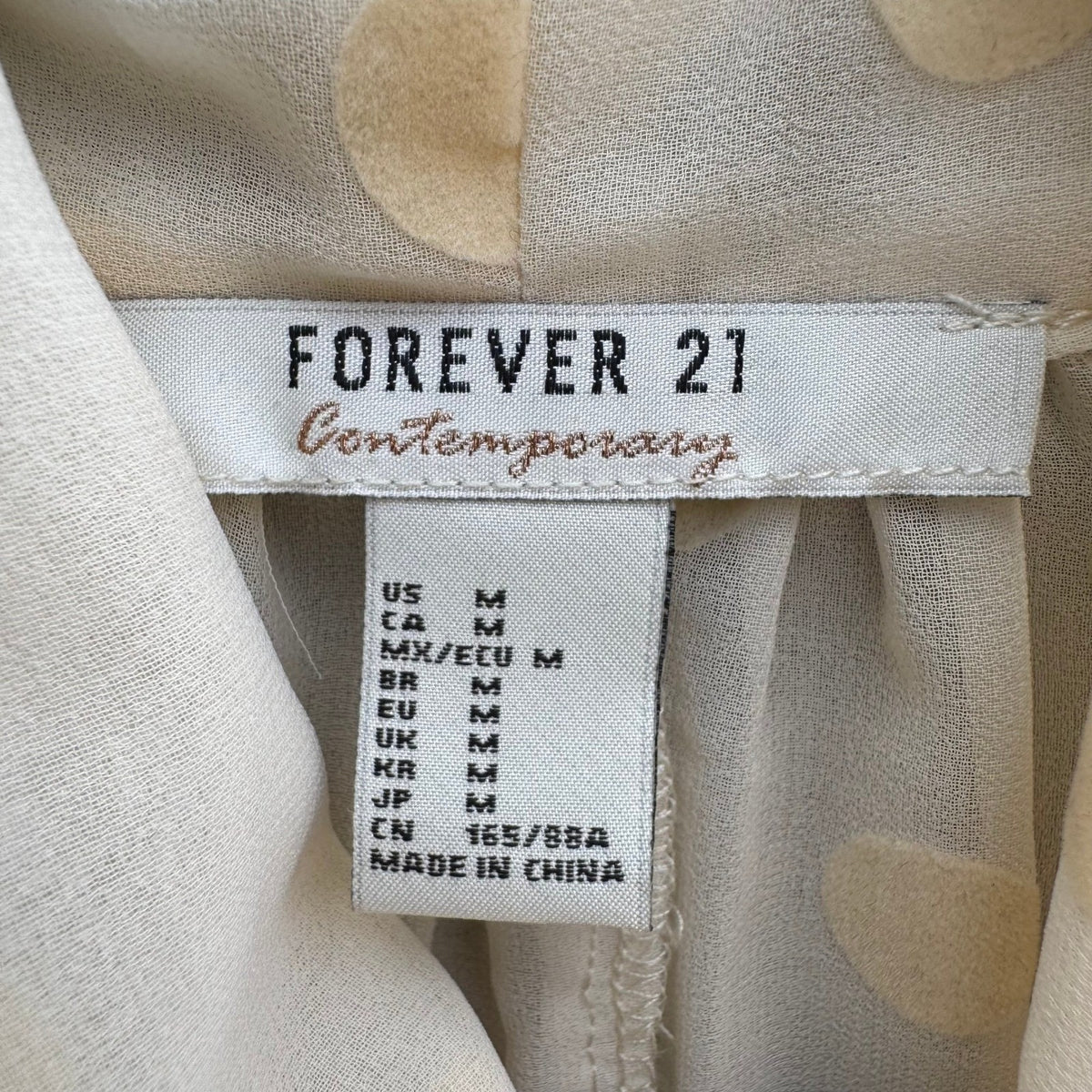 Forever 21 Contemporary Coquette Sheer Tie Neck Polka Dot Chiffon Blouse Cream M
