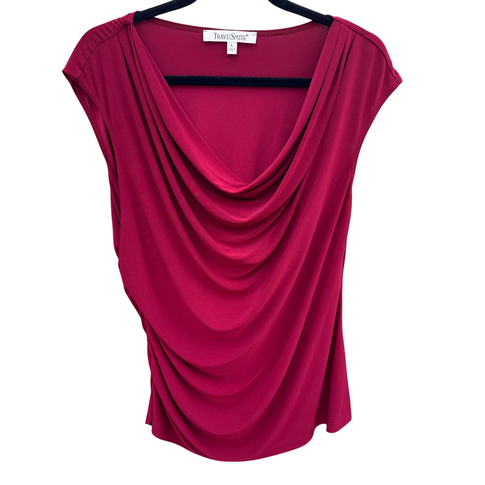 TravelSmith Womens Draped Cowl Neck Sleeveless Side Ruched Blouse Top Red L