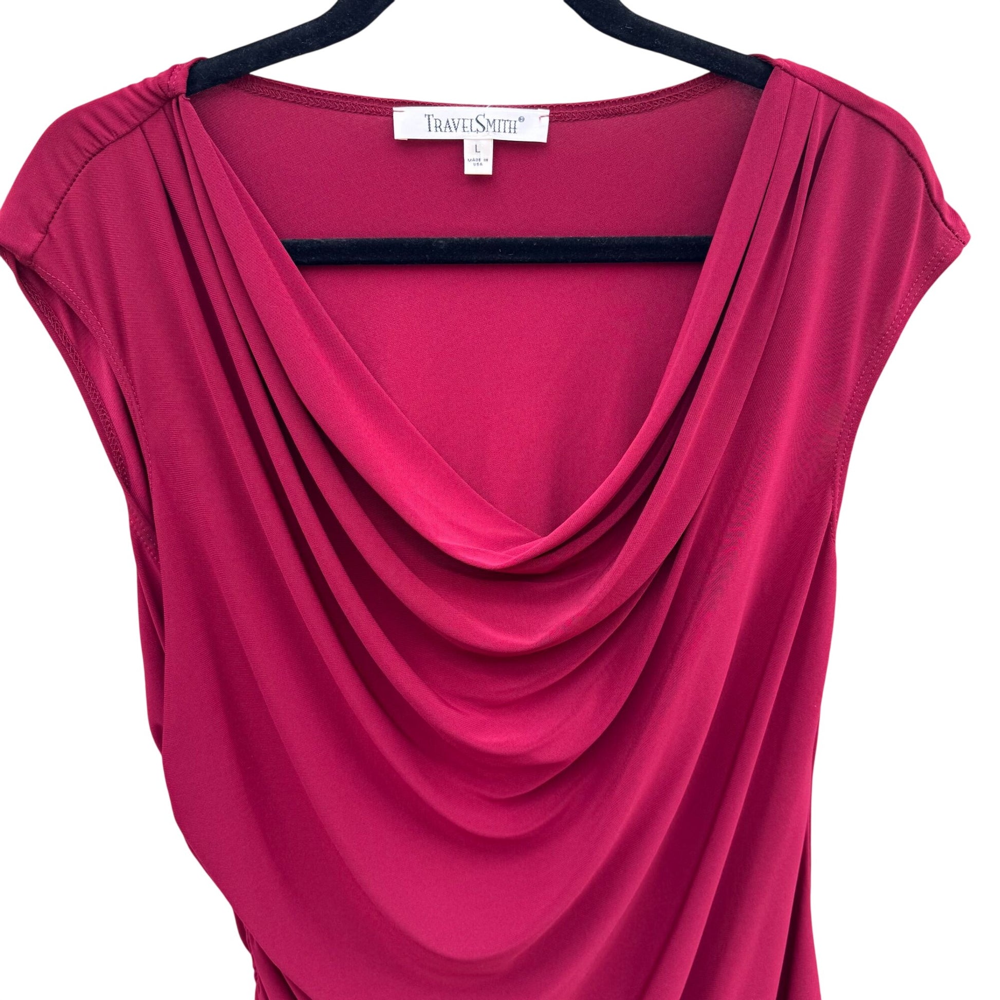 TravelSmith Womens Draped Cowl Neck Sleeveless Side Ruched Blouse Top Red L