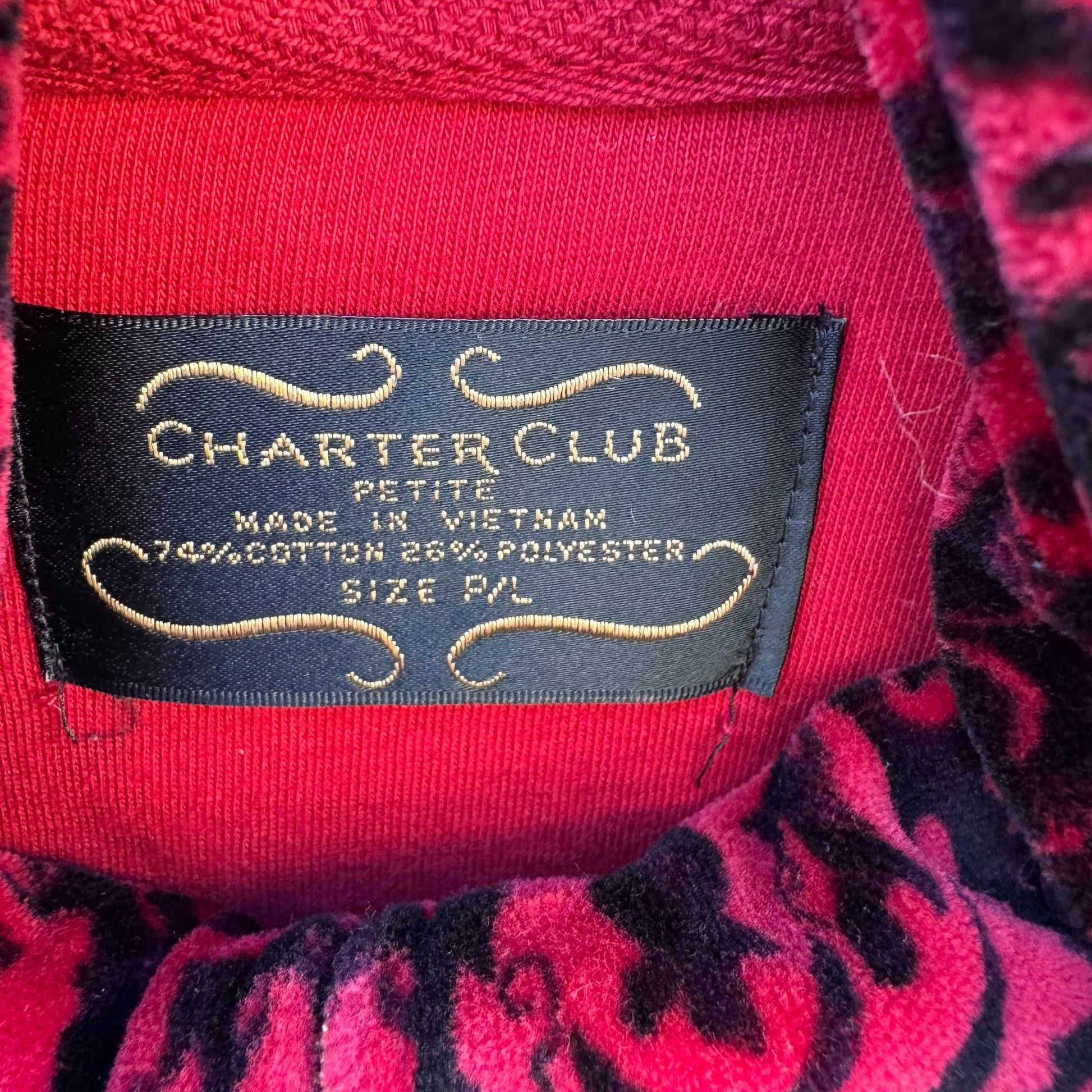Charter Club Womens Petite L Red Black Velvet Velour Damask Zip-Up Bomber Jacket