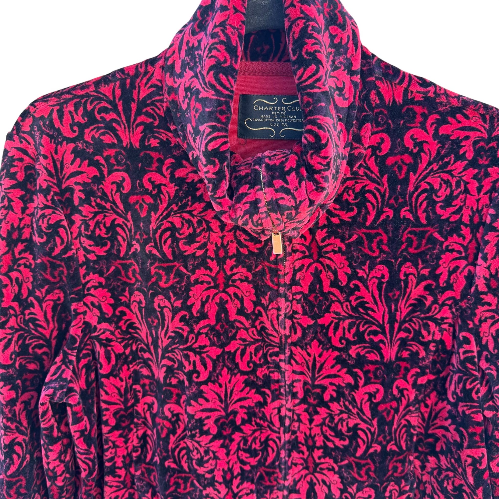 Charter Club Womens Petite L Red Black Velvet Velour Damask Zip-Up Bomber Jacket