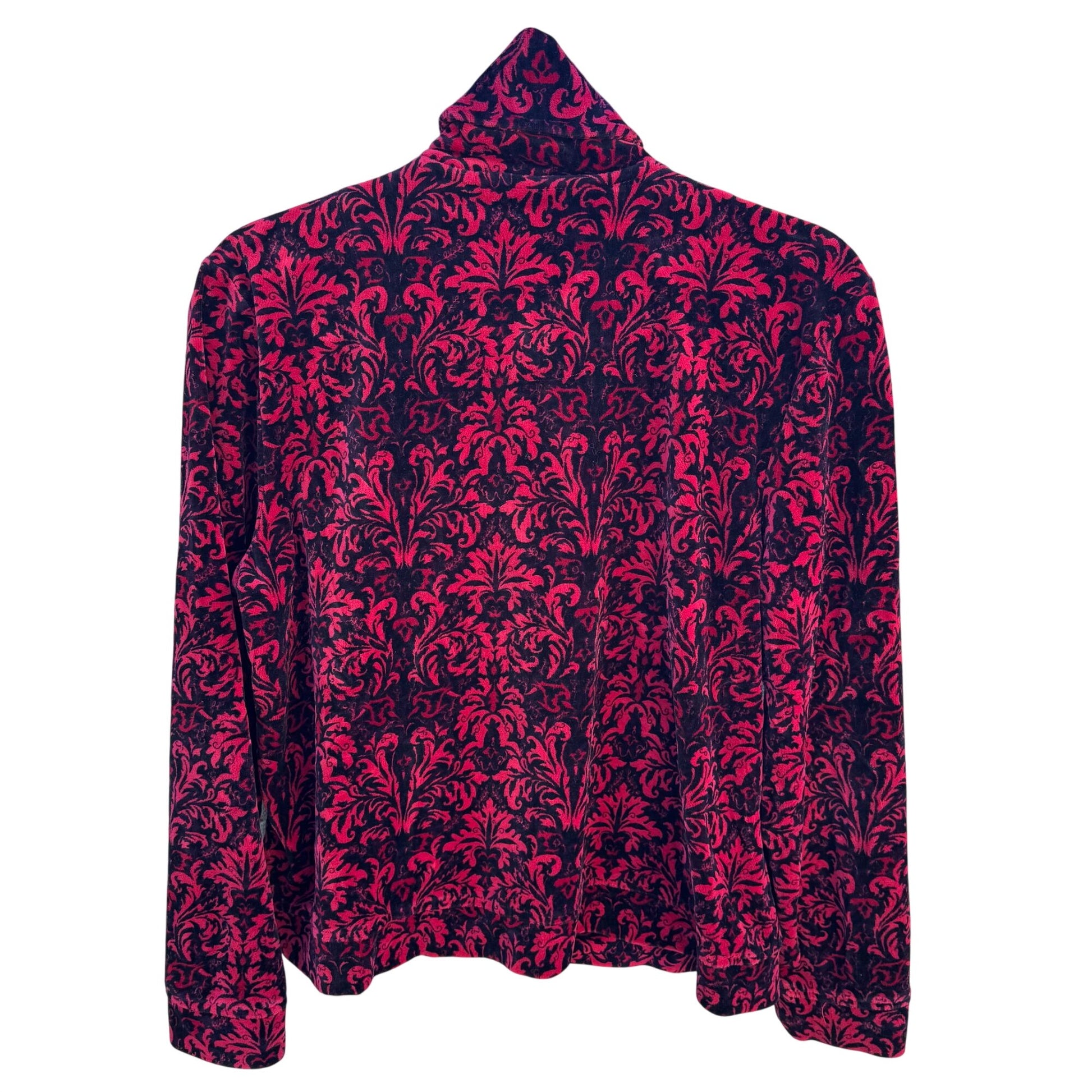 Charter Club Womens Petite L Red Black Velvet Velour Damask Zip-Up Bomber Jacket