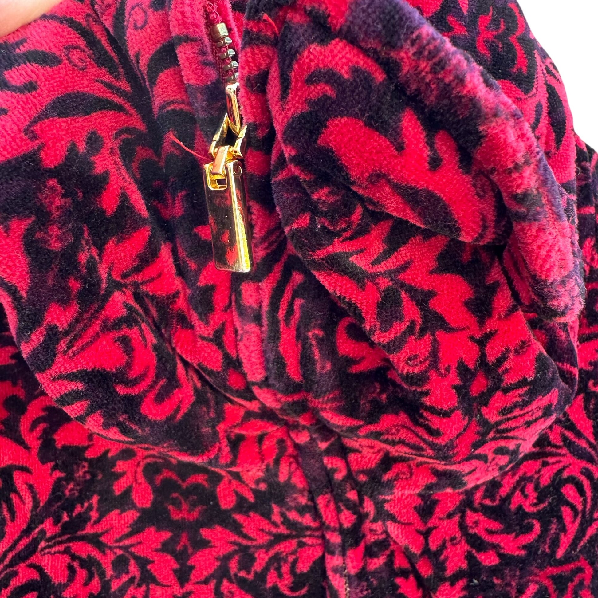 Charter Club Womens Petite L Red Black Velvet Velour Damask Zip-Up Bomber Jacket