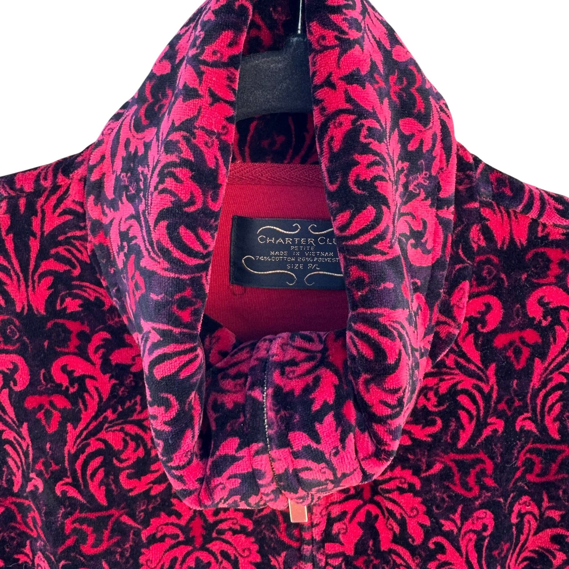 Charter Club Womens Petite L Red Black Velvet Velour Damask Zip-Up Bomber Jacket