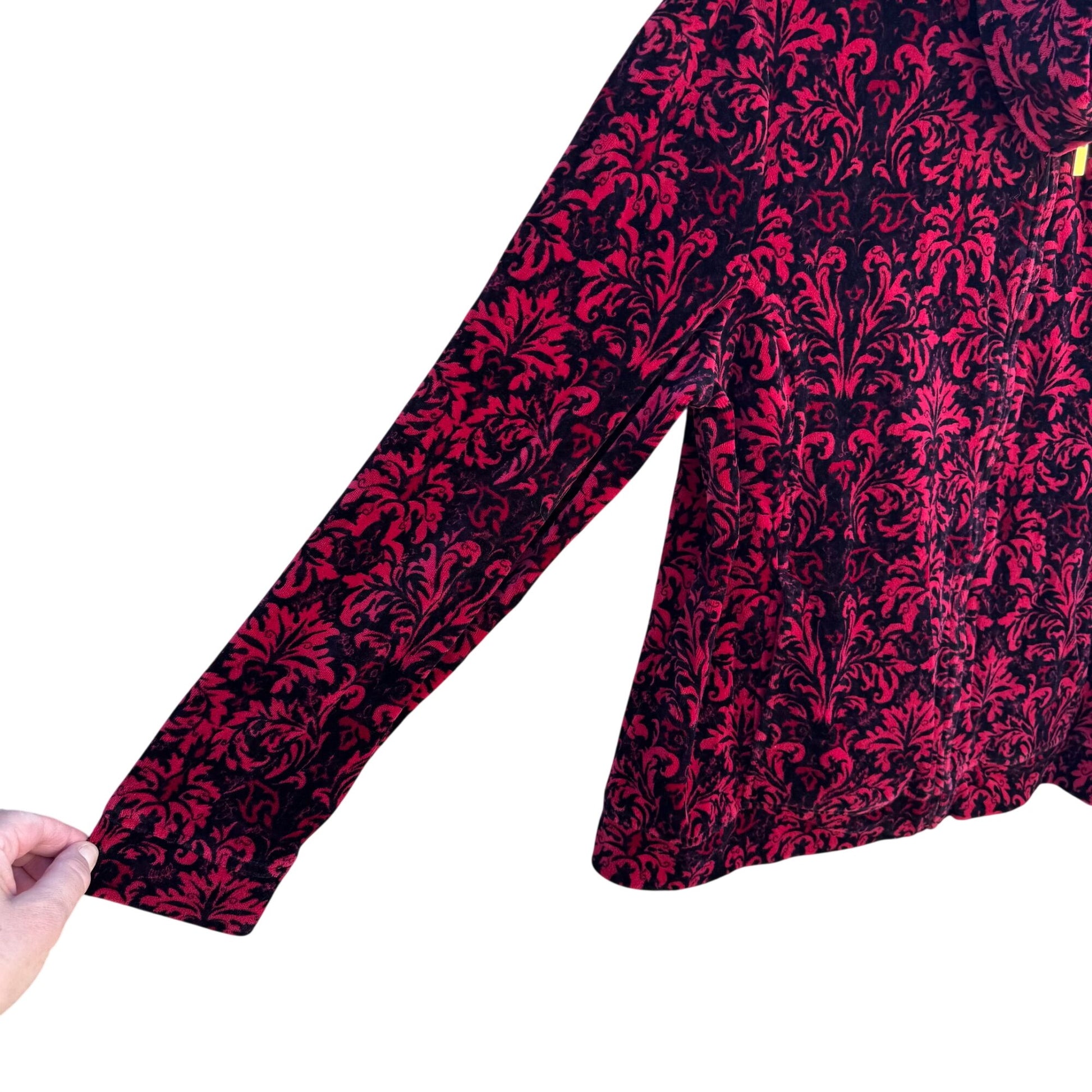 Charter Club Womens Petite L Red Black Velvet Velour Damask Zip-Up Bomber Jacket